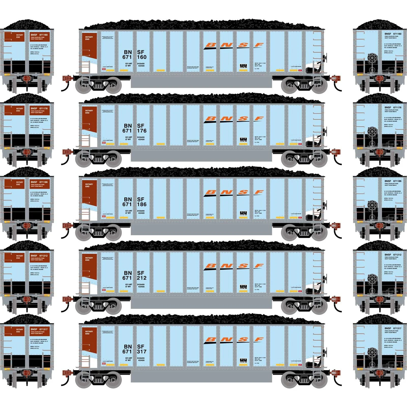 Athearn HO Scale Bethgon Coalporter with Coal Load BNSF 5-Pack - 2291