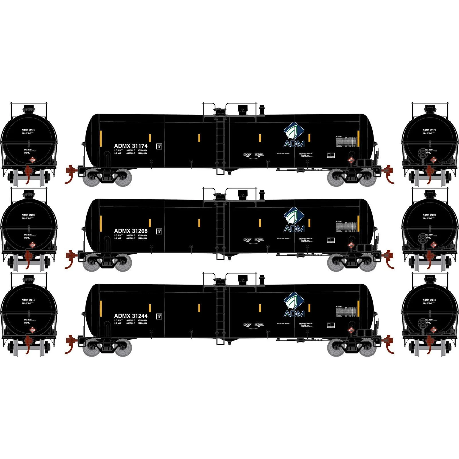 Athearn HO Scale ADMX 30,000-Gallon Ethanol Tank 3 Pack Number 3
