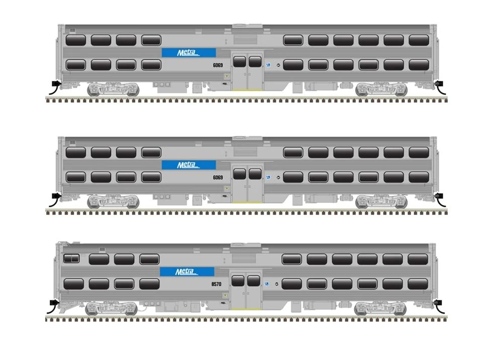 Atlas HO Scale Metra Cars 3 Pack 2 [#6064 TRAILER, #6093 TRAILER, #8584 CAB CAR]