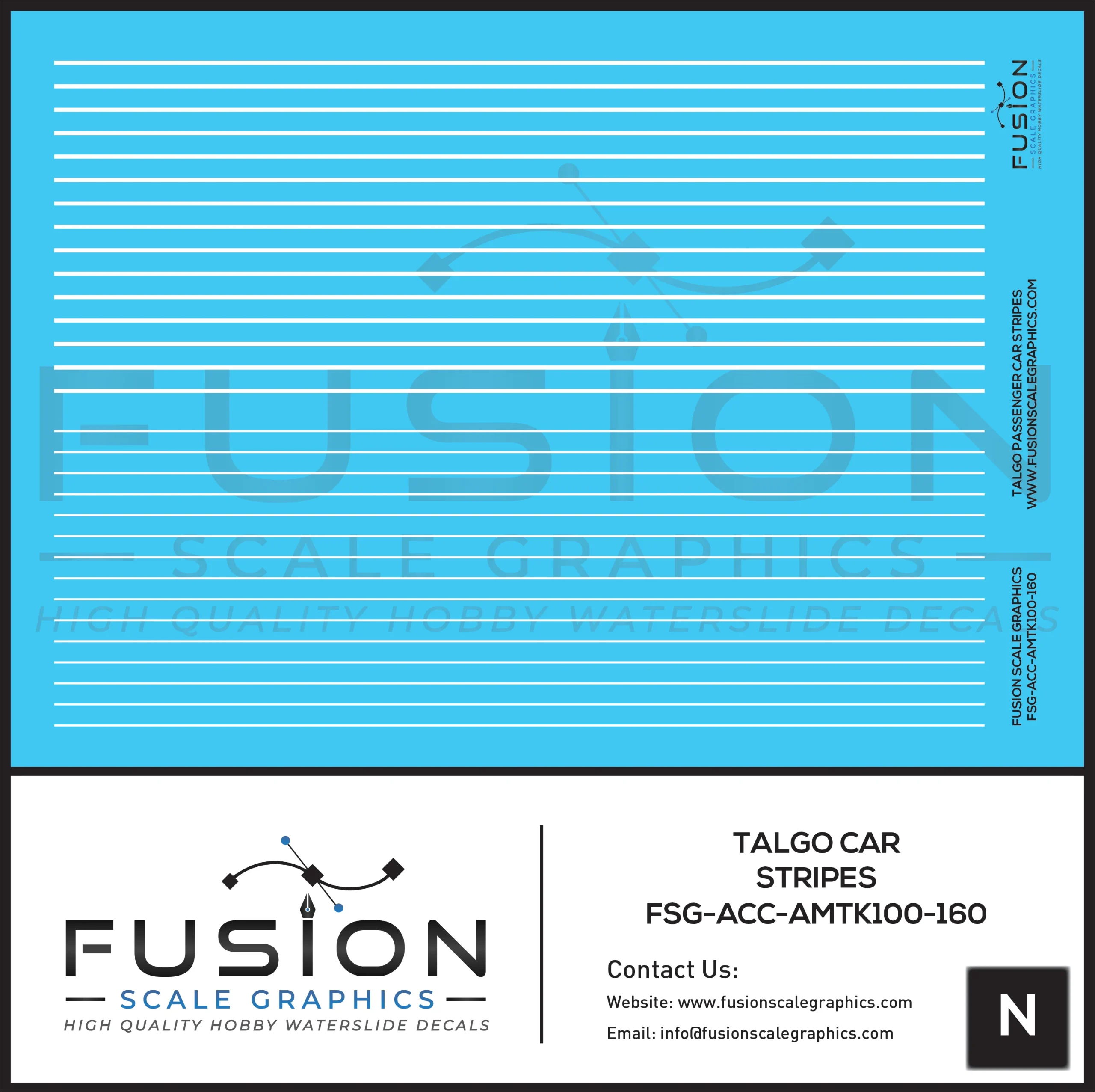 N Scale Talgo Passenger Cars White Striping Decal Set - Fusion Scale Graphics