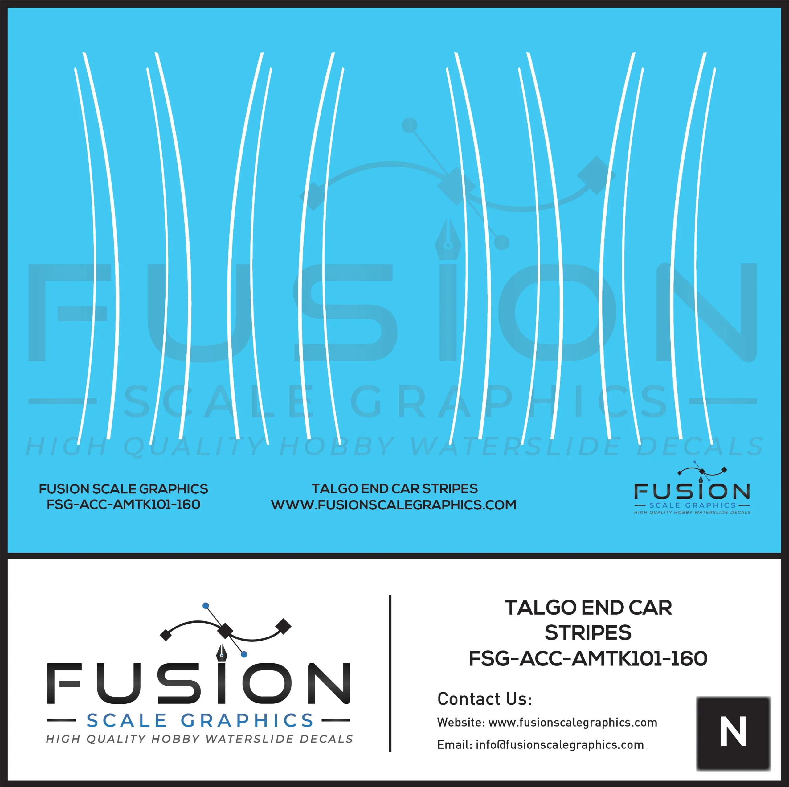 N Scale Talgo Passenger Cars End White Striping Decal Set - Fusion Scale Graphics