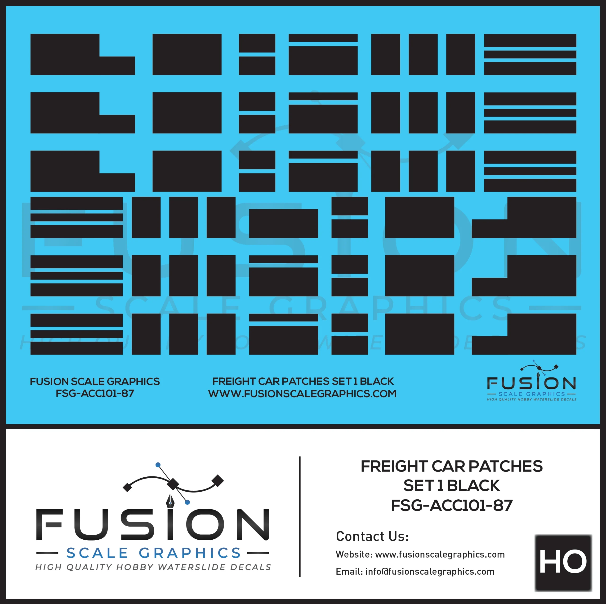 HO Scale Freight Car Patches Set 1 Black Decal Set - Fusion Scale Graphics