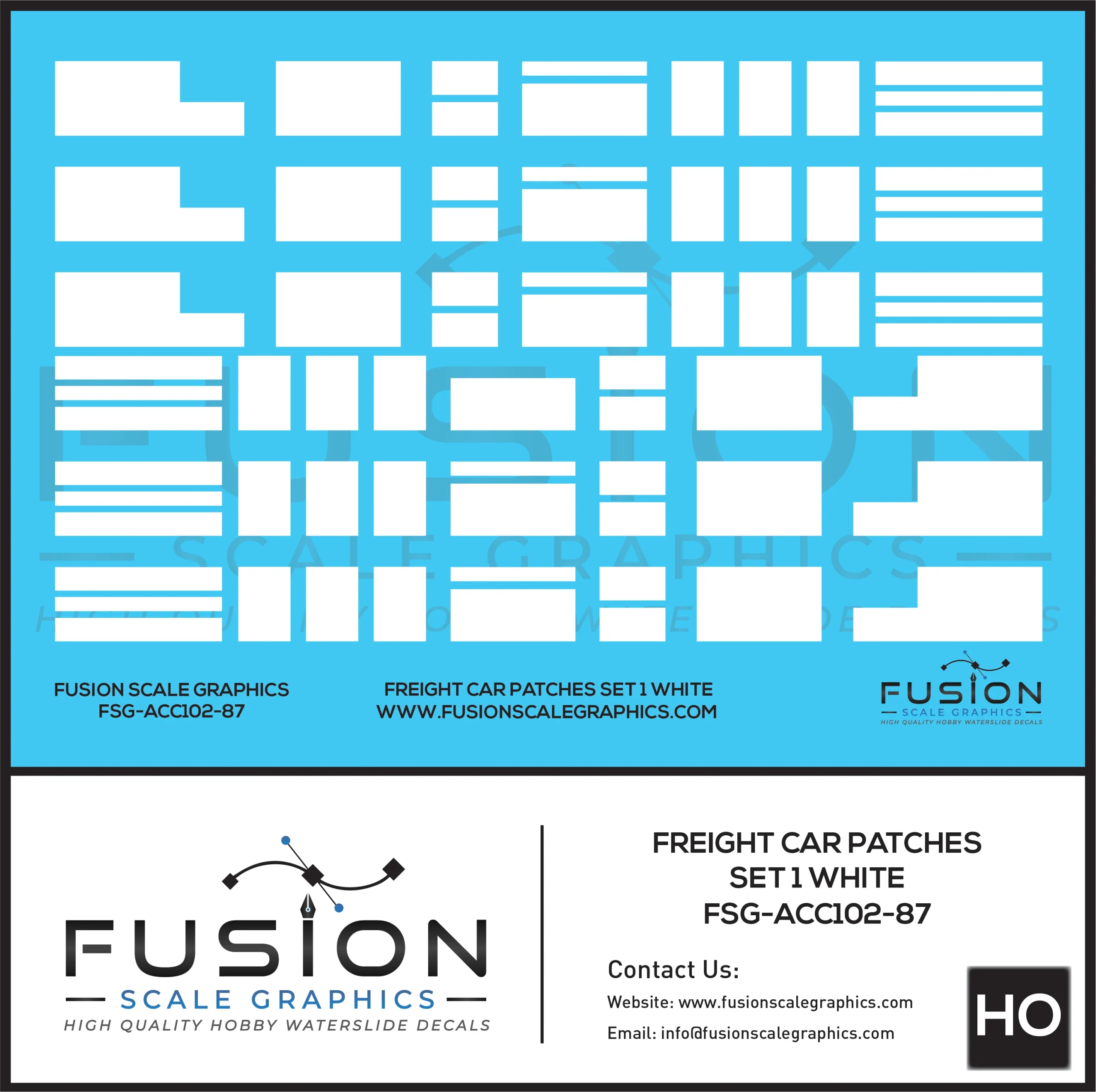 HO Scale Freight Car Patches Set 1 White Decal Set - Fusion Scale Graphics