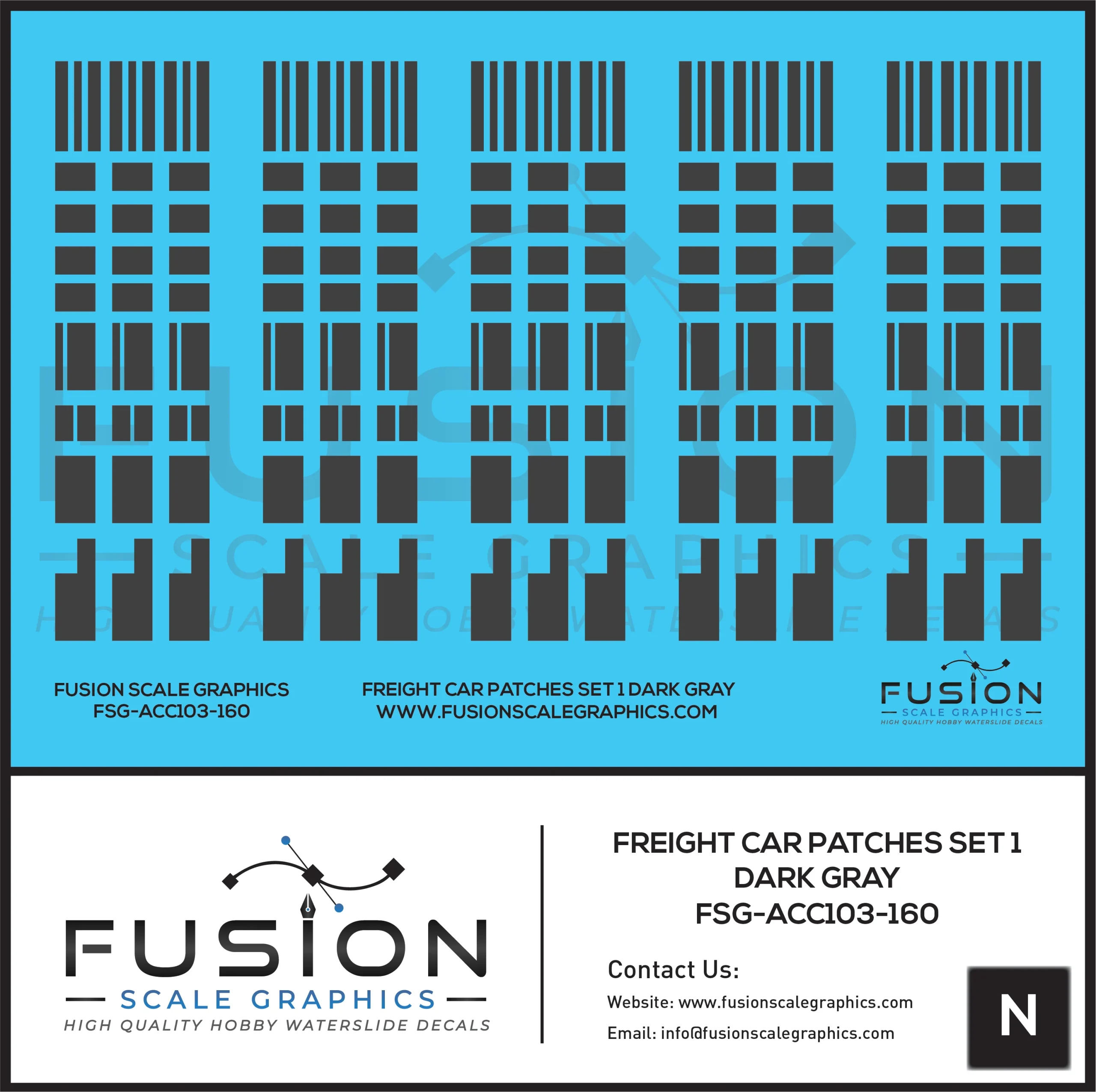 N Scale Freight Car Patches Set 1 Dark Gray Decal Set - Fusion Scale Graphics