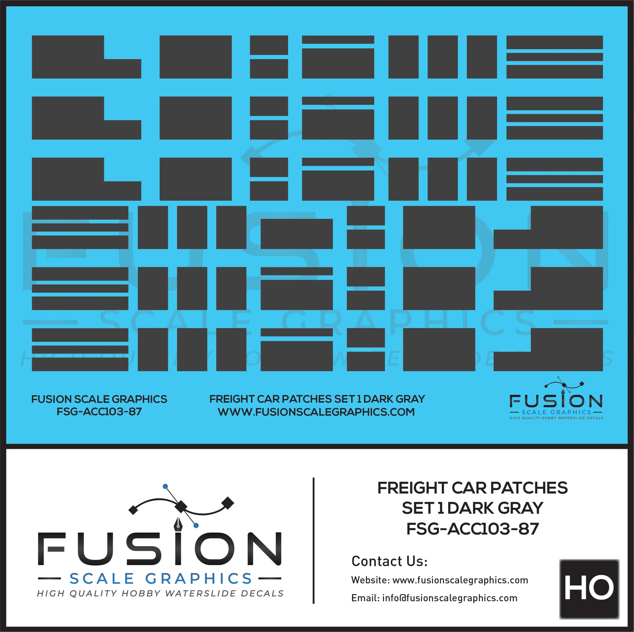 HO Scale Freight Car Patches Set 1 Dark Gray Decal Set - Fusion Scale Graphics