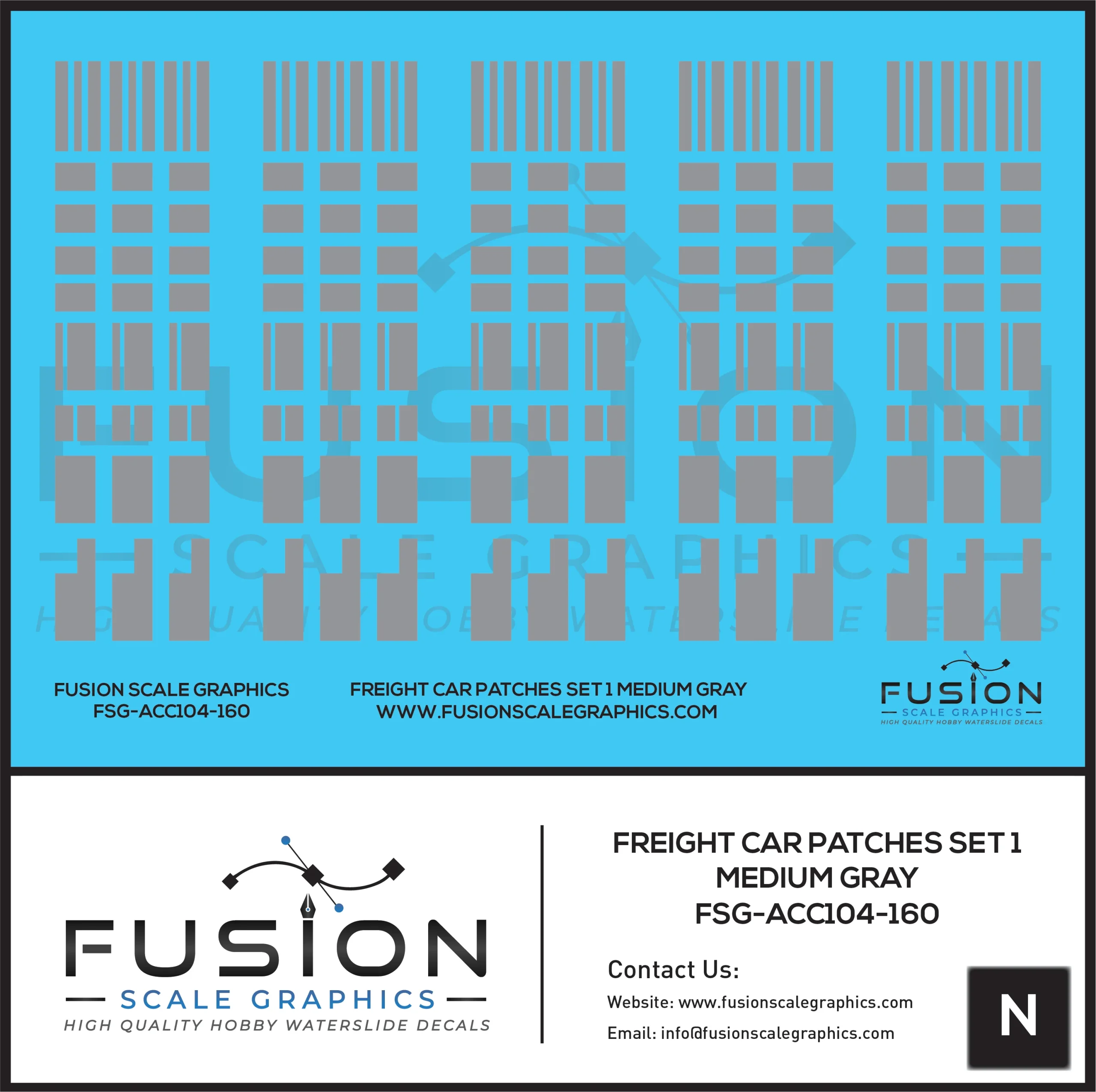 N Scale Freight Car Patches Set 1 Medium Gray Decal Set - Fusion Scale Graphics
