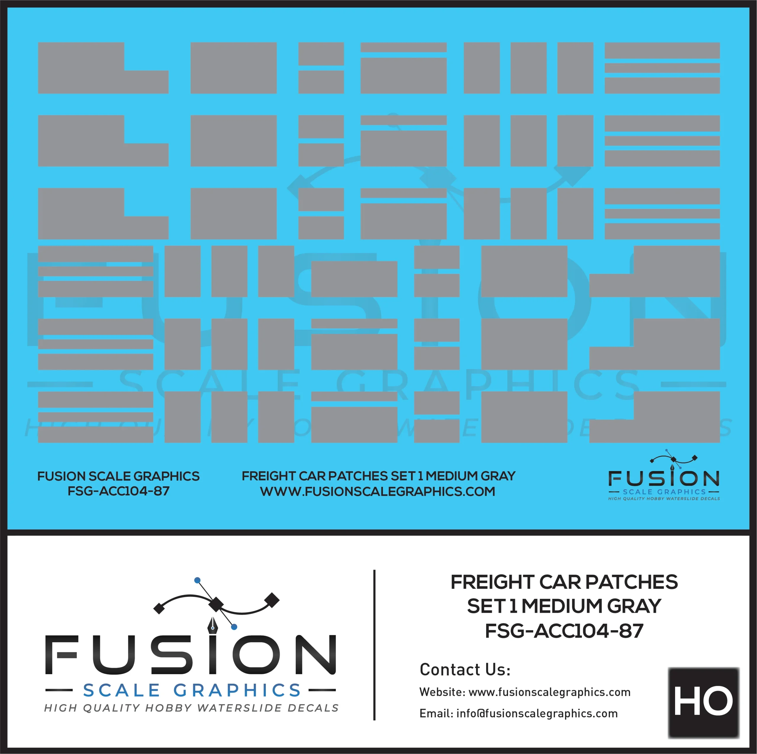HO Scale Freight Car Patches Set 1 Medium Gray Decal Set - Fusion Scale Graphics