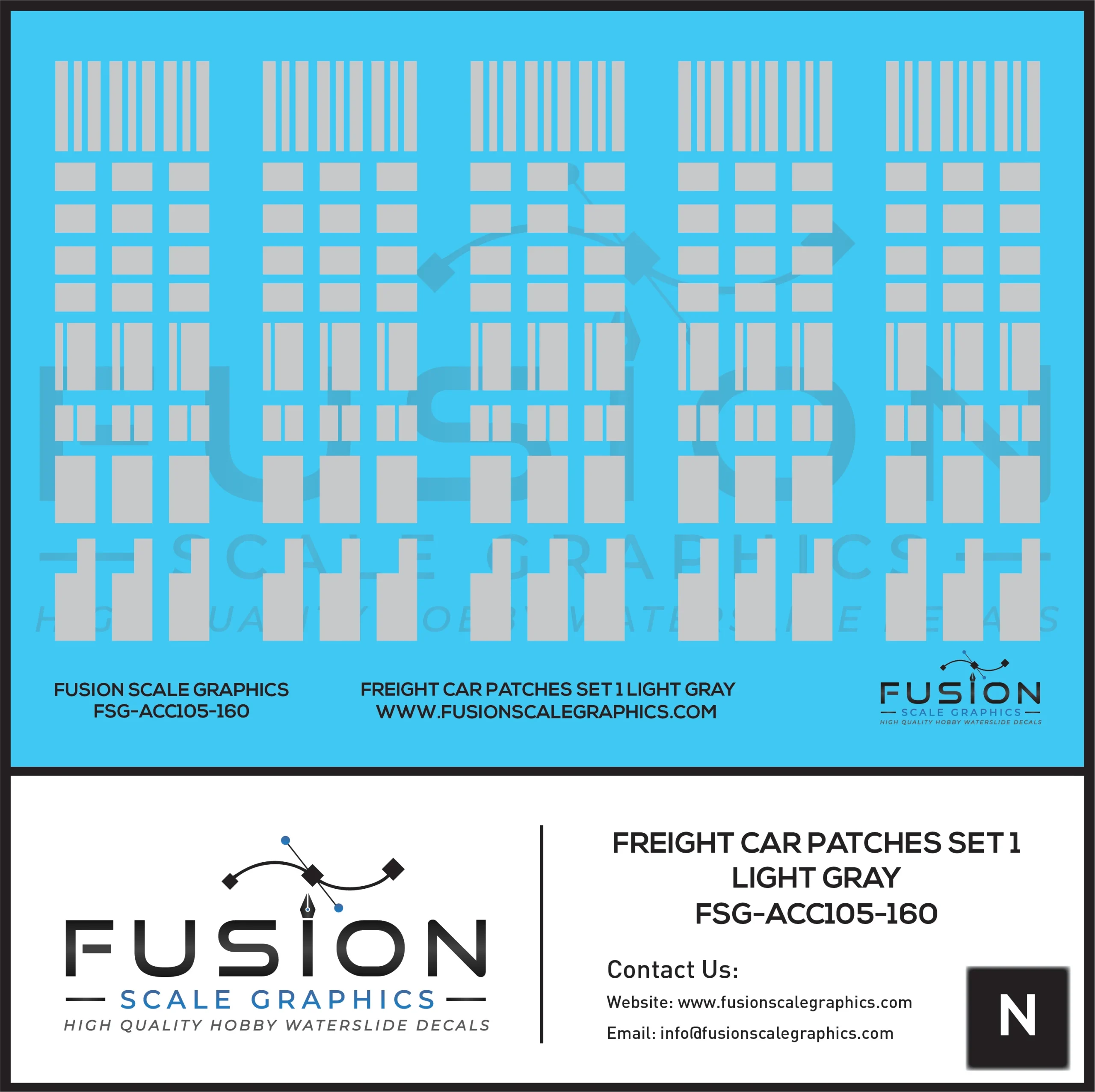 N Scale Freight Car Patches Set 1 Light Gray Decal Set - Fusion Scale Graphics