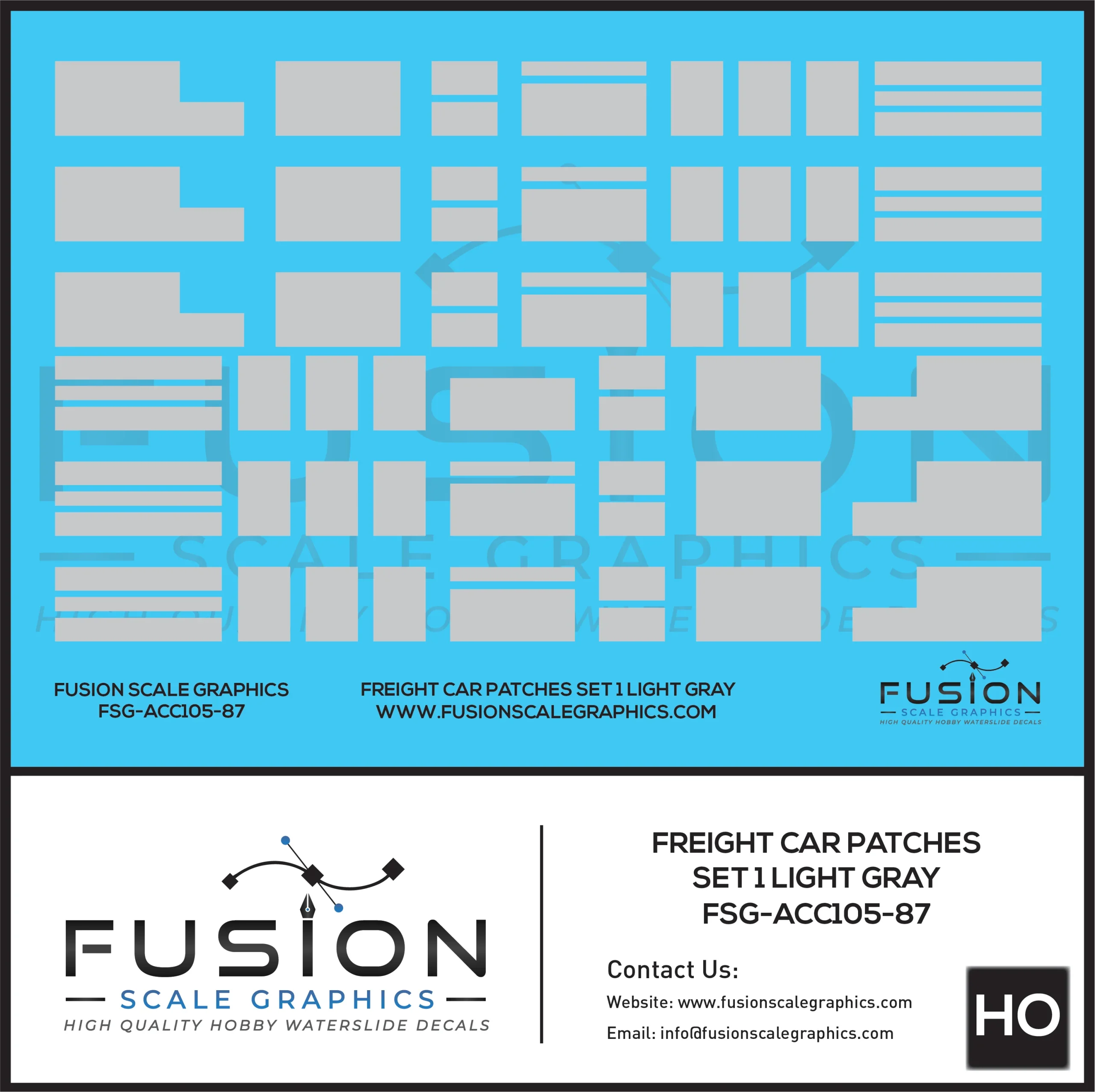 HO Scale Freight Car Patches Set 1 Light Gray Decal Set - Fusion Scale Graphics