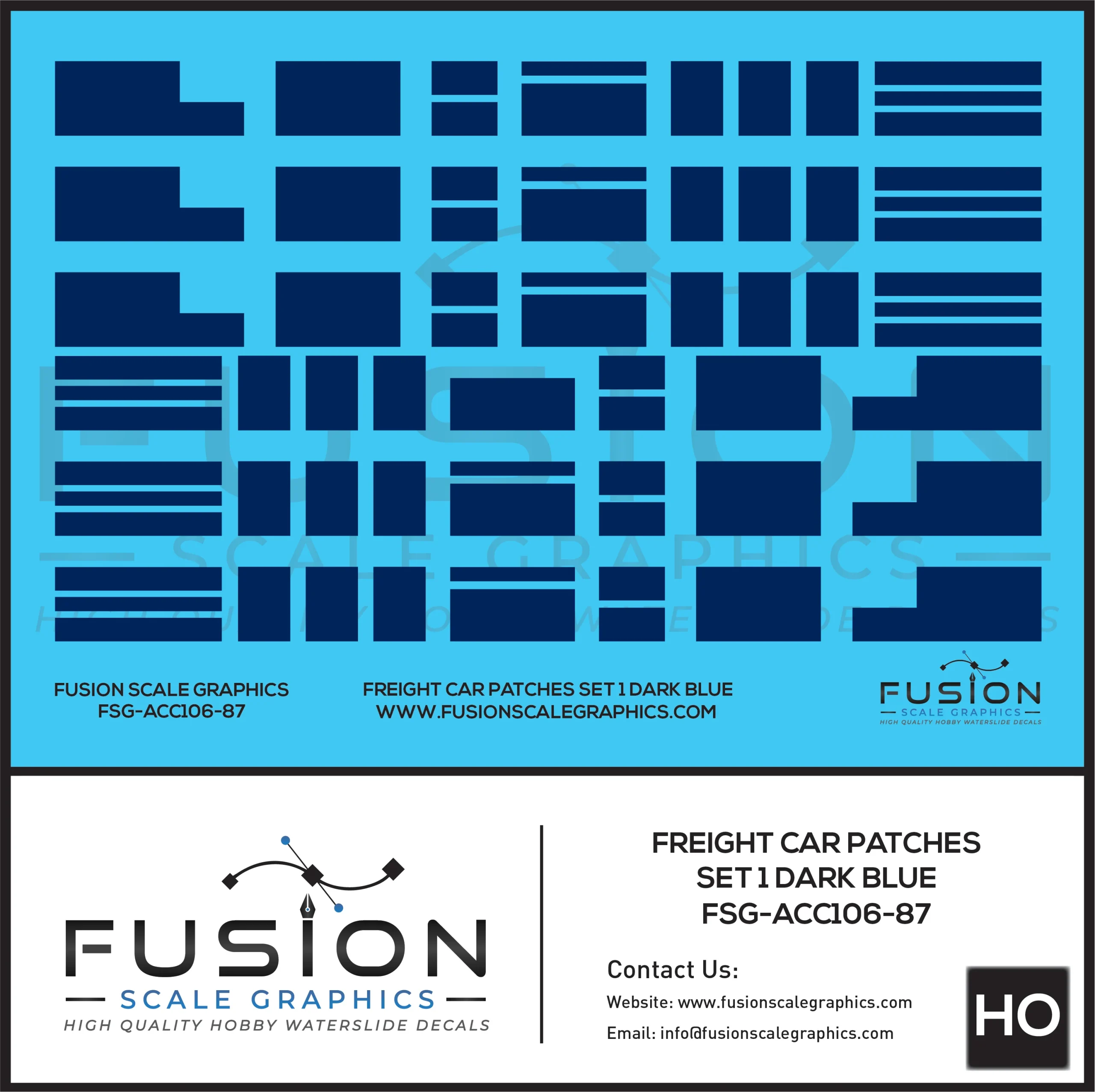 HO Scale Freight Car Patches Set 1 Dark Blue Decal Set - Fusion Scale Graphics