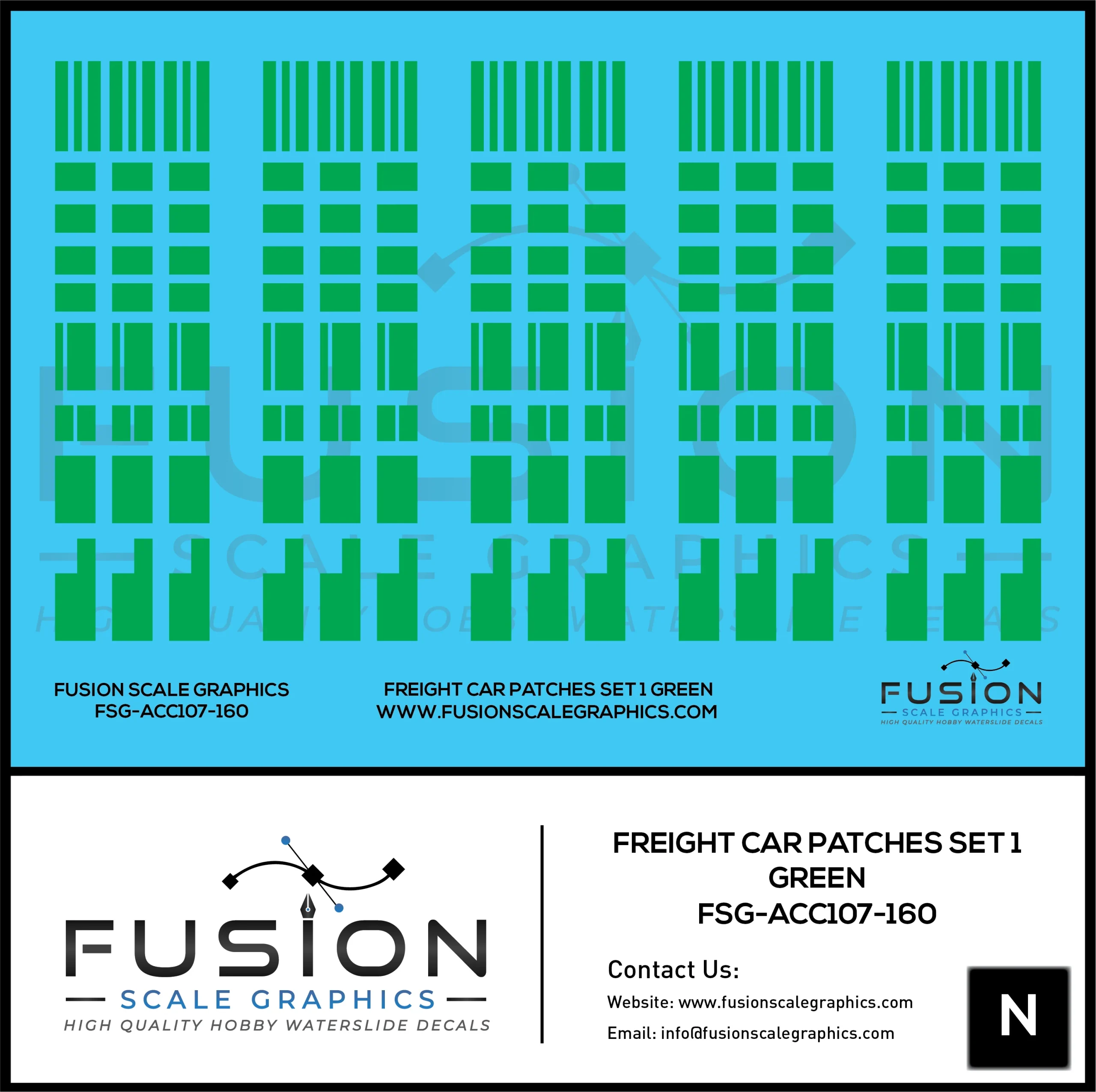 N Scale Freight Car Patches Set 1 Green Decal Set - Fusion Scale Graphics