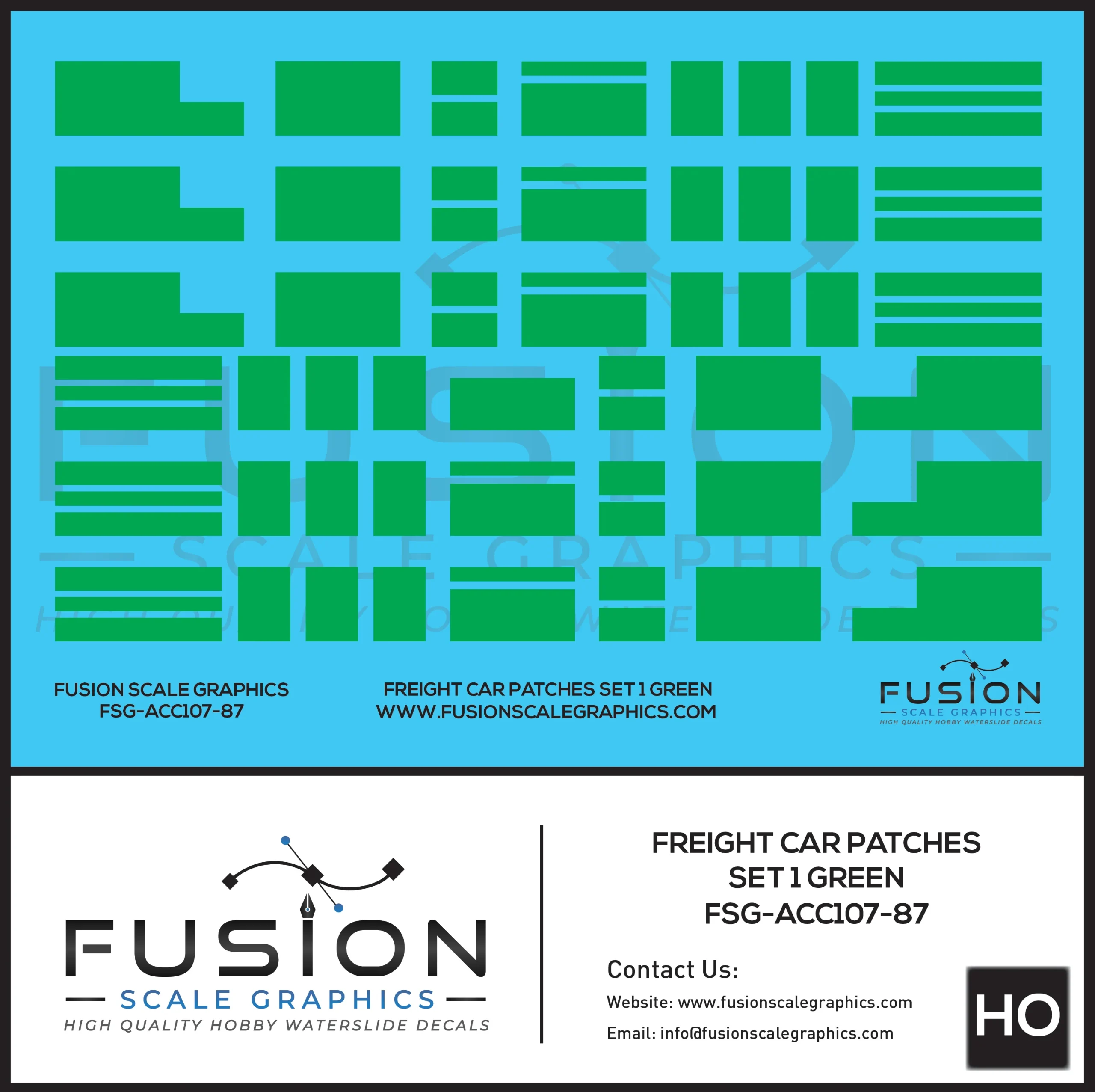 HO Scale Freight Car Patches Set 1 Green Decal Set - Fusion Scale Graphics