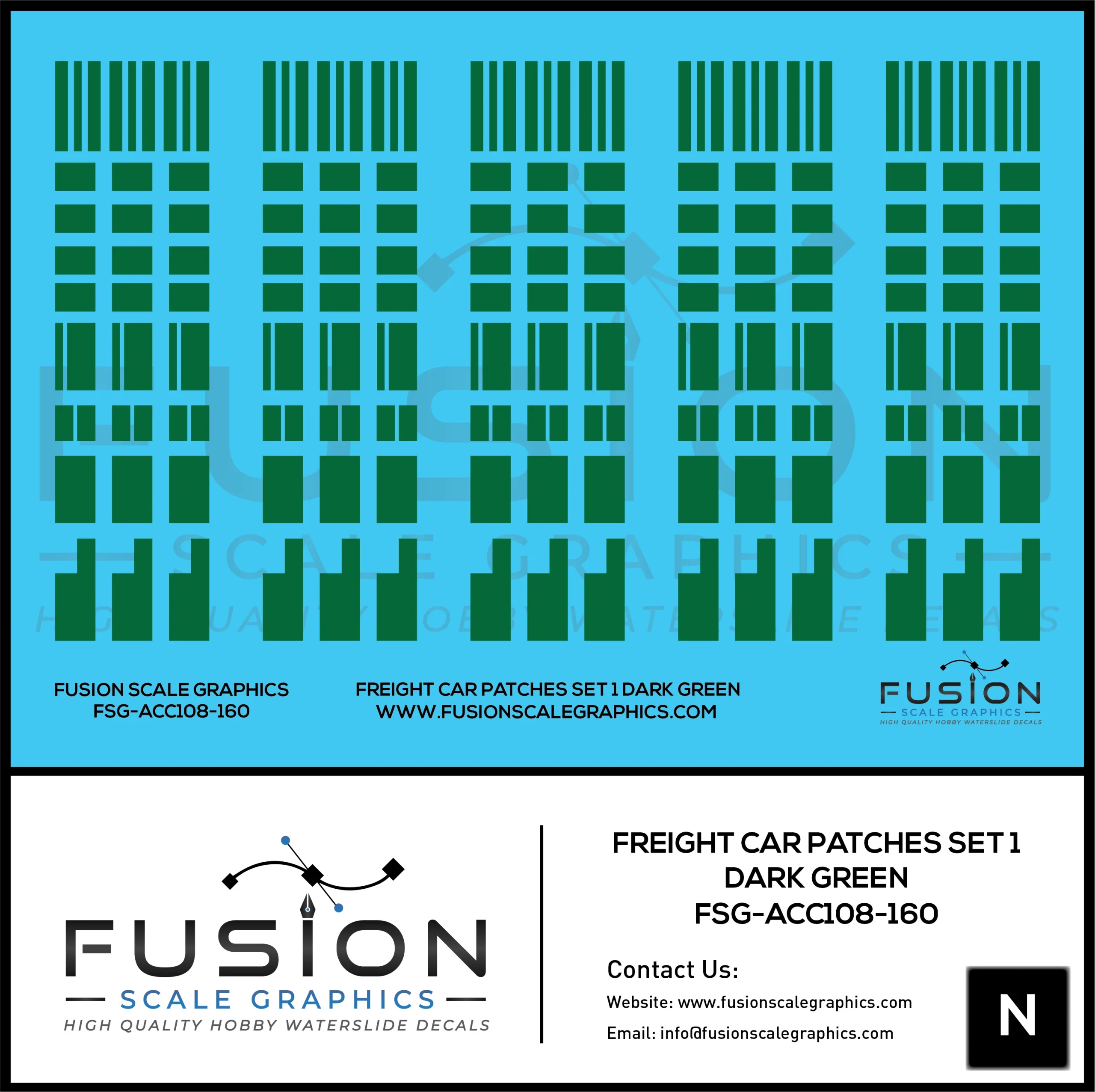 N Scale Freight Car Patches Set 1 Dark Green Decal Set - Fusion Scale Graphics