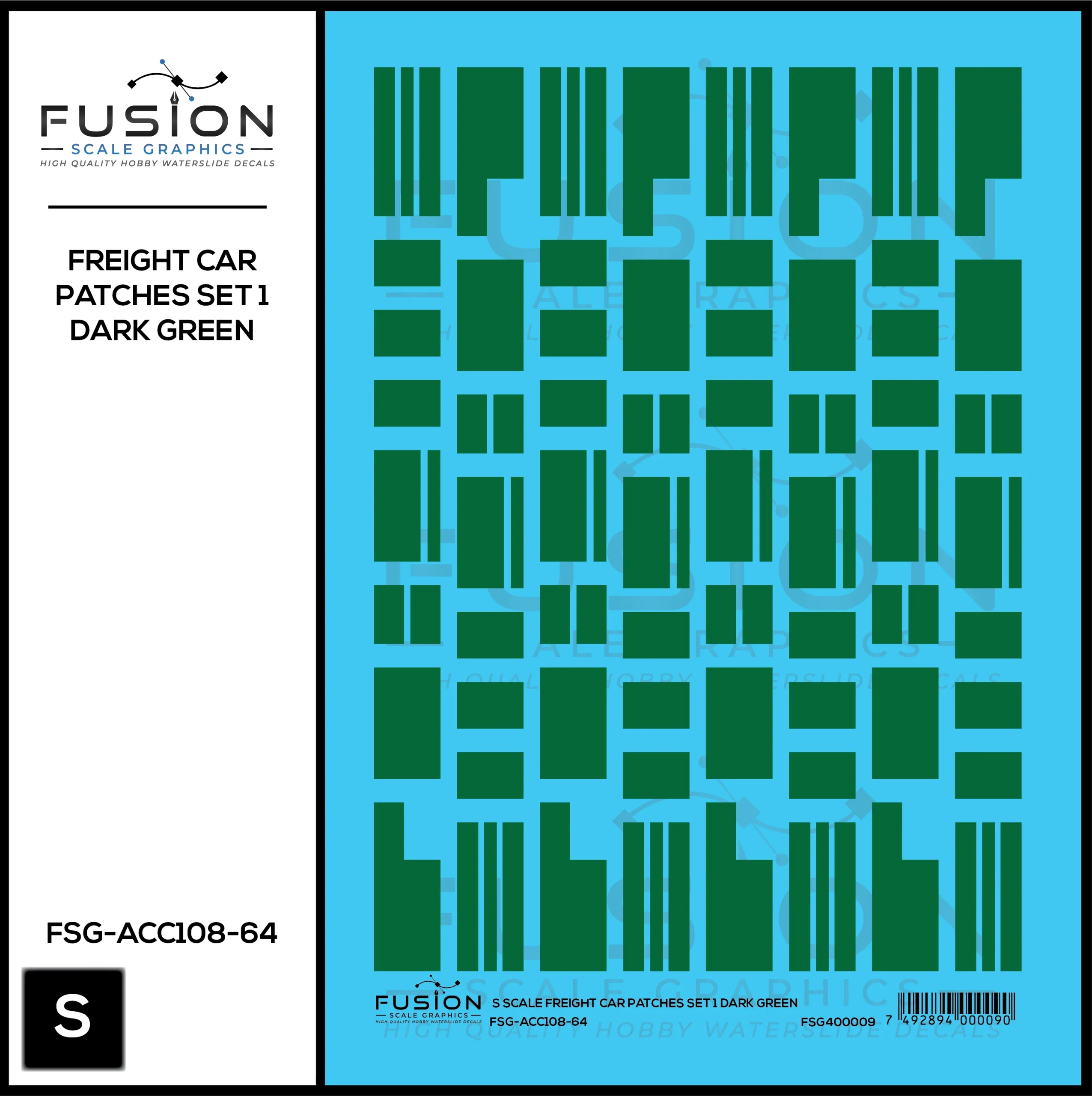S Scale Freight Car Patches Set 1 Dark Green Decal Set - Fusion Scale Graphics