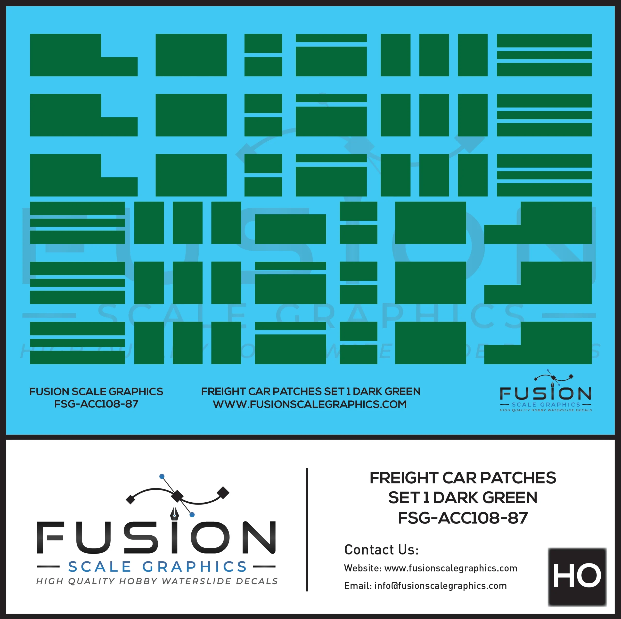 HO Scale Freight Car Patches Set 1 Dark Green Decal Set - Fusion Scale Graphics