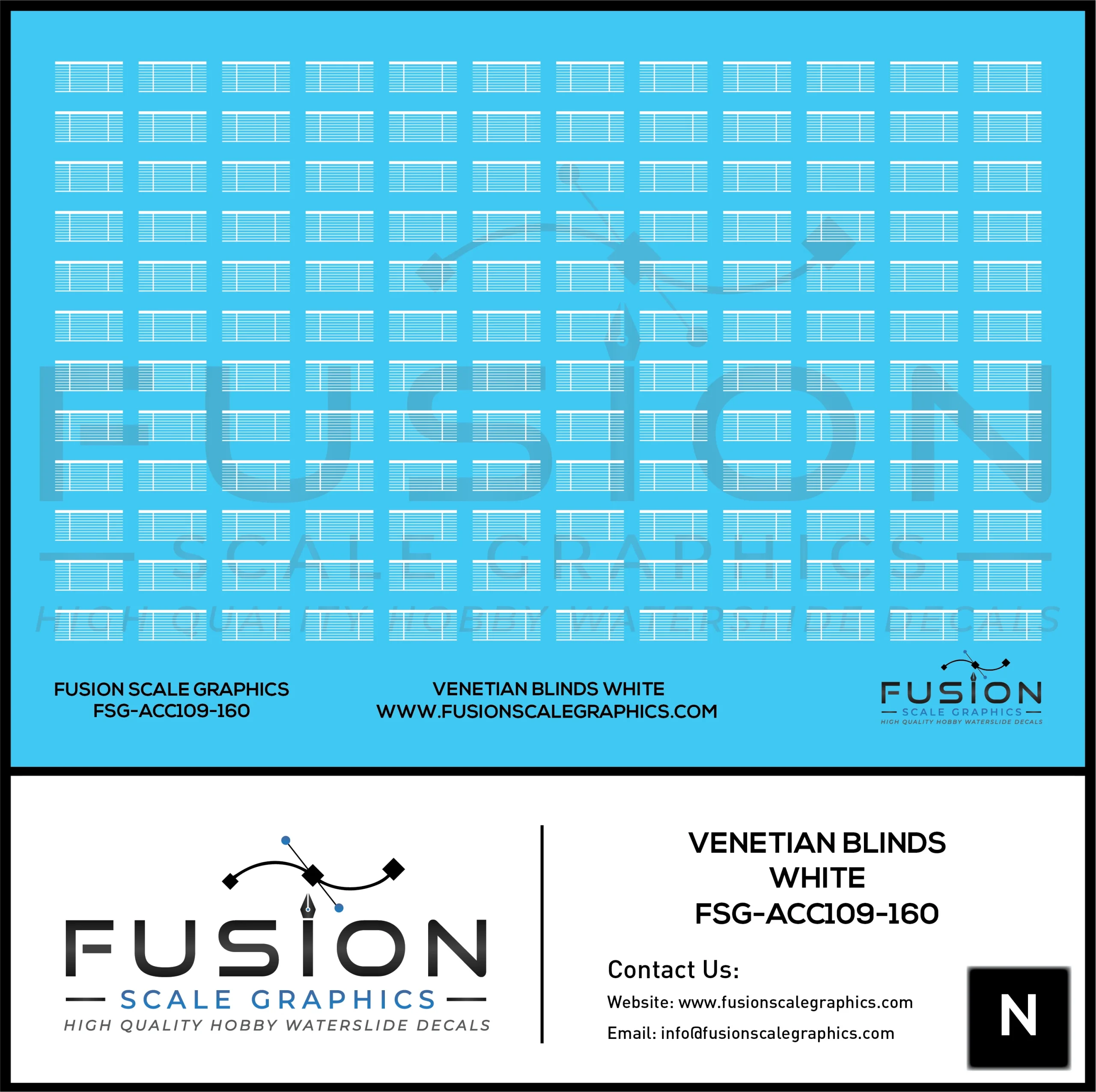 N Scale White Venetian Blinds for Passenger Cars Decal Set - Fusion Scale Graphics