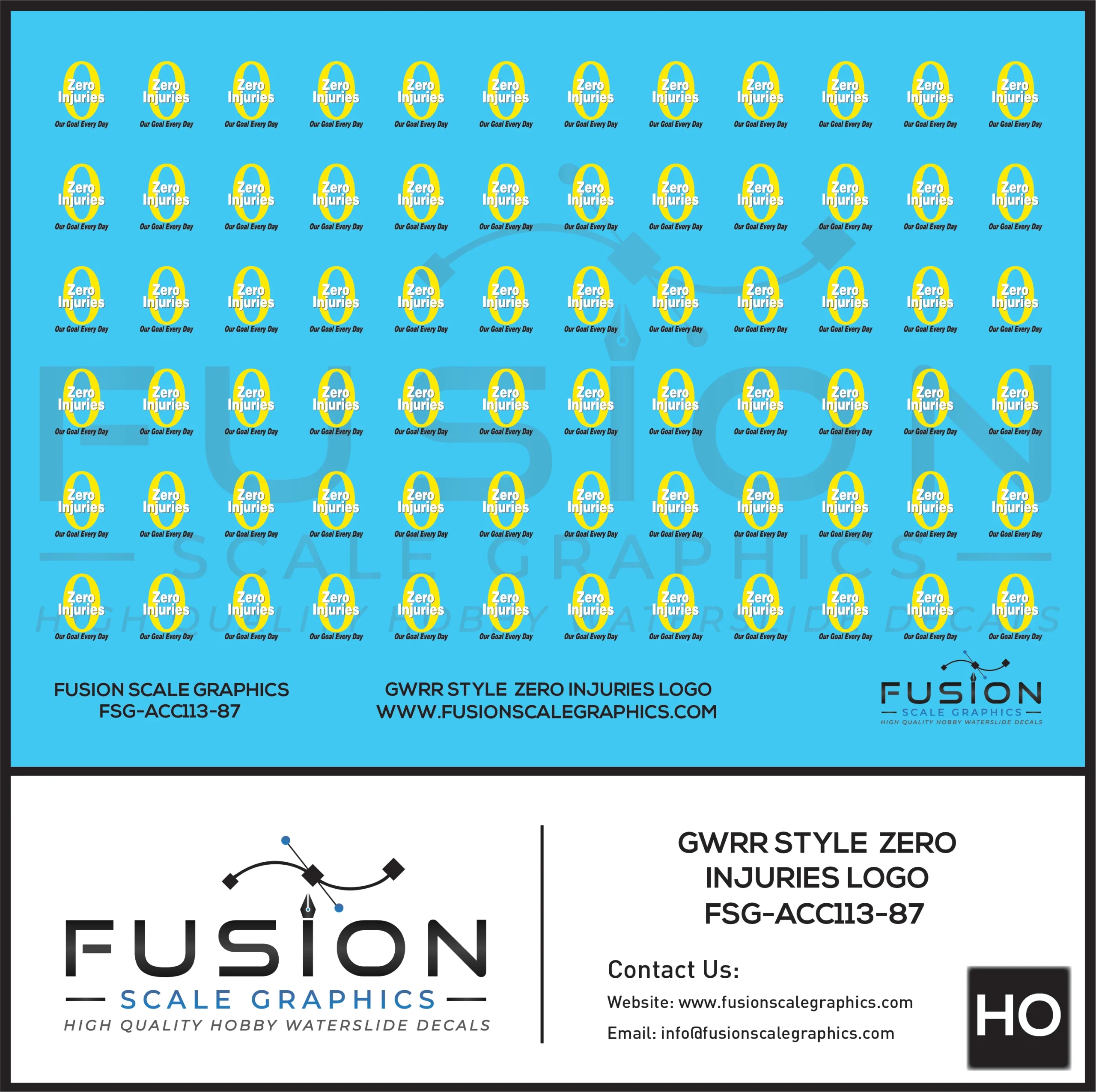 HO Scale Genesee and Wyoming Style Zero Injuries Logo Decal Set - Fusion Scale Graphics