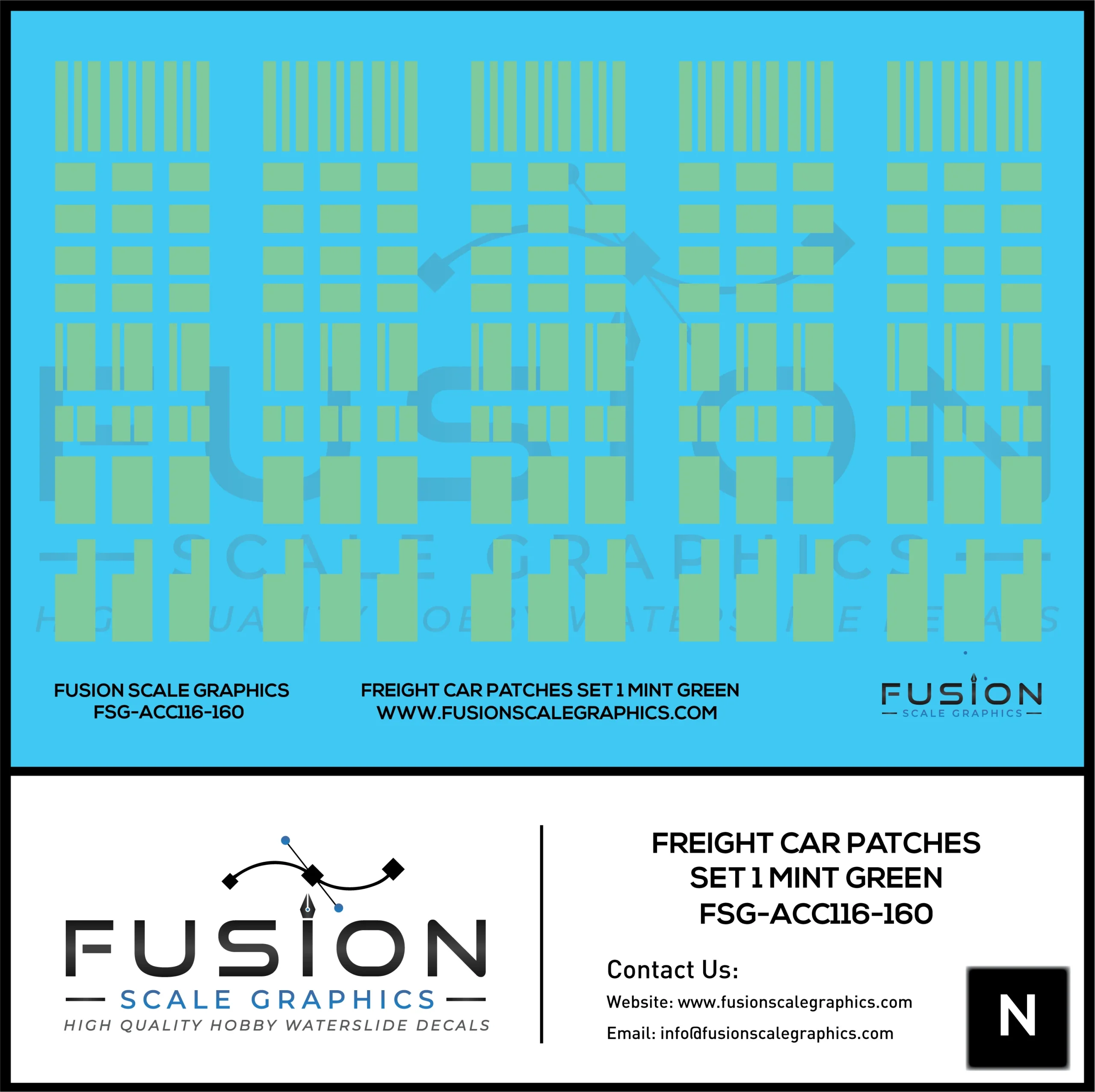 N Scale Freight Car Patches Set 1 Mint Green Decal Set - Fusion Scale Graphics
