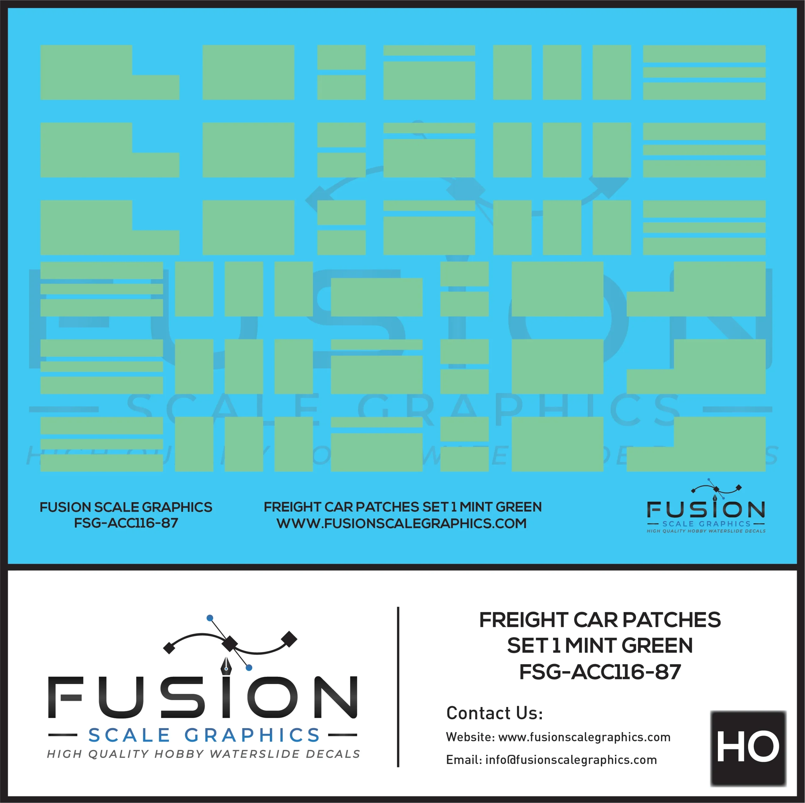 HO Scale Freight Car Patches Set 1 Mint Green Decal Set - Fusion Scale Graphics