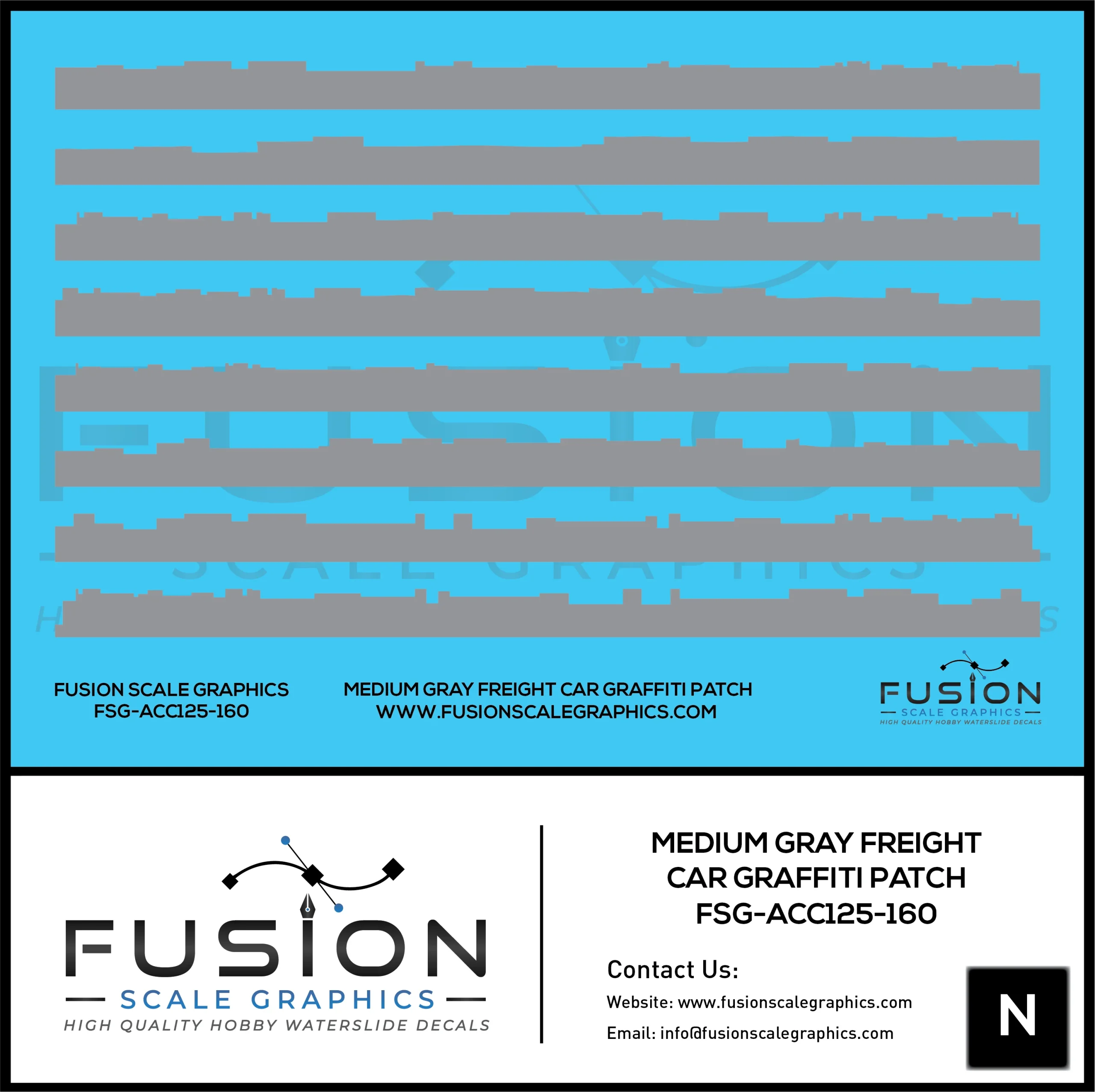 N Scale Medium Gray Freight Car Graffiti Paint Patch Out Decal Set - Fusion Scale Graphics