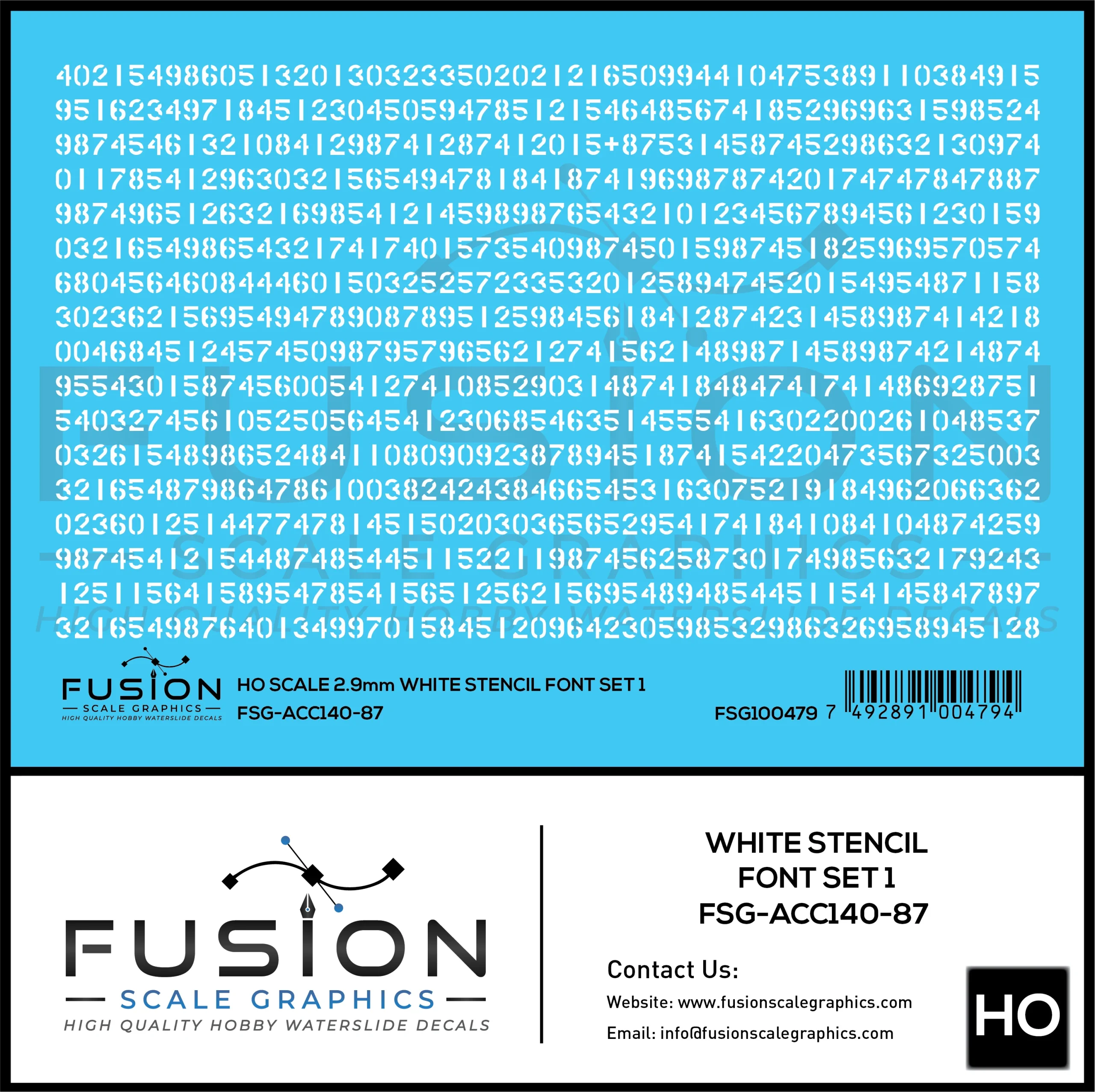 HO Scale White Stencil Numbers Font 1 2.9mm Tall Decal Set - Fusion Scale Graphics