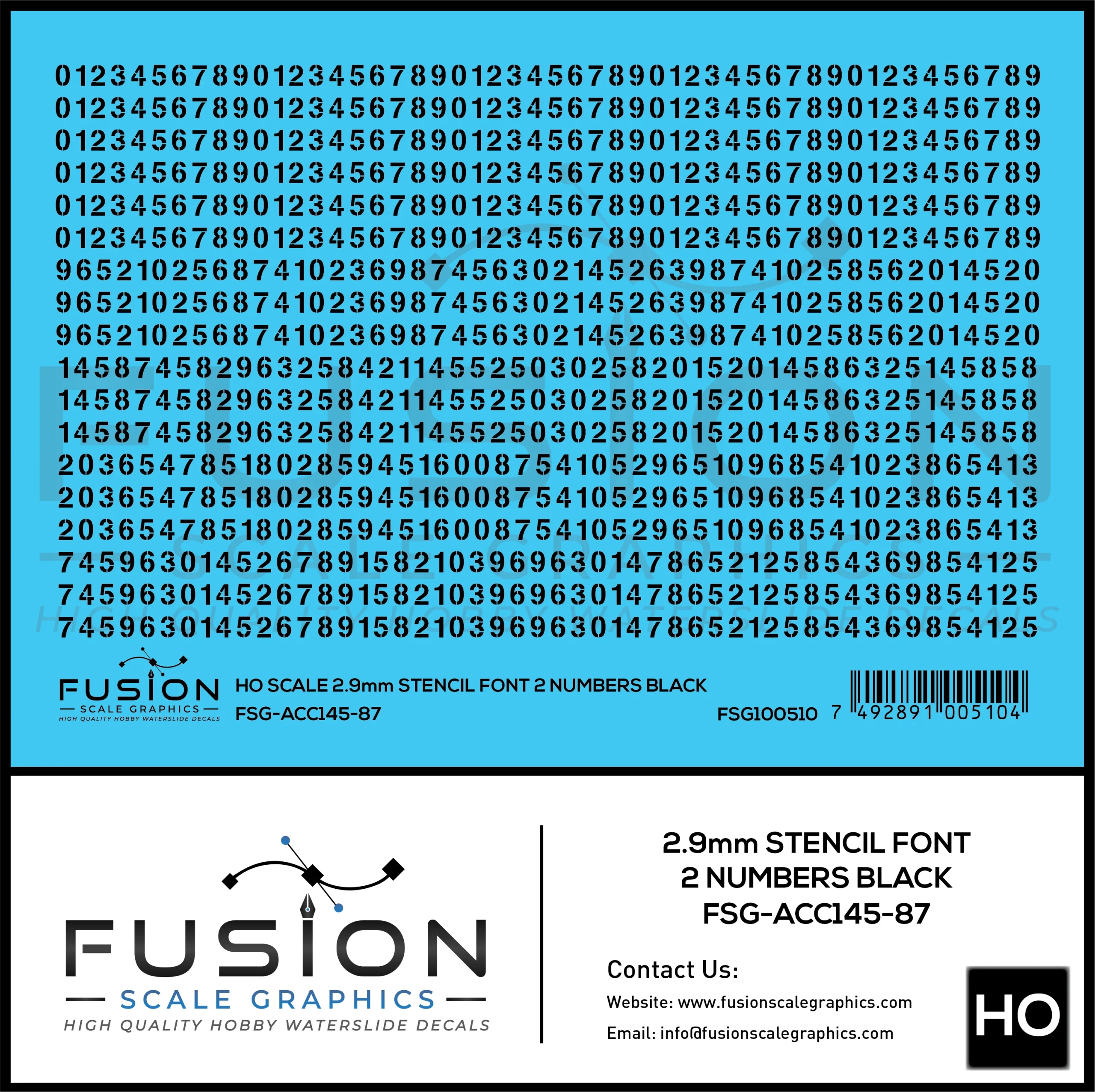 HO Scale 2.9mm Black Stencil Numbers Font 2 Decal Set - Fusion Scale Graphics