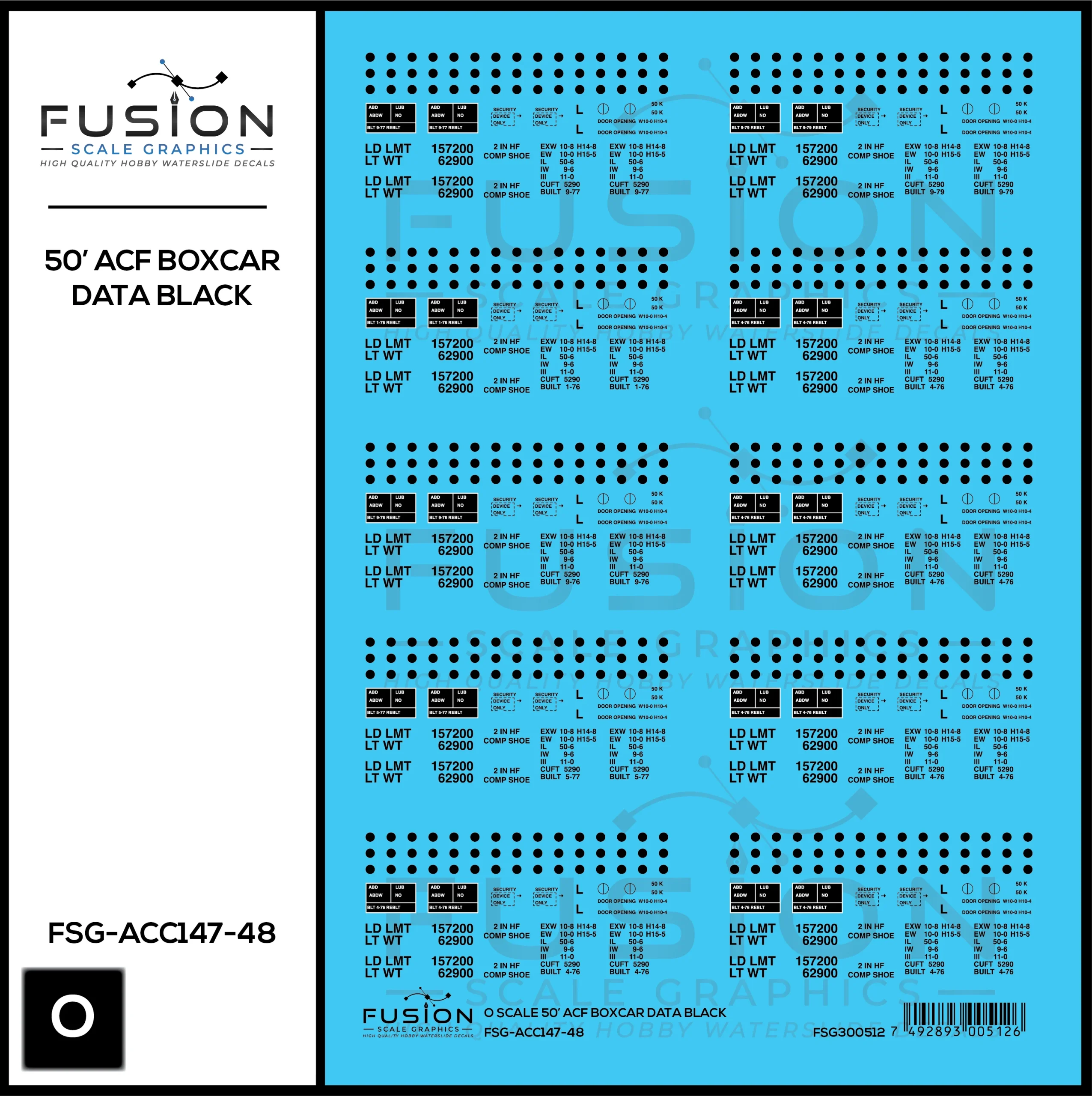 O Scale 50' ACF Boxcar Data Sheet Black Decal Set - Fusion Scale Graphics