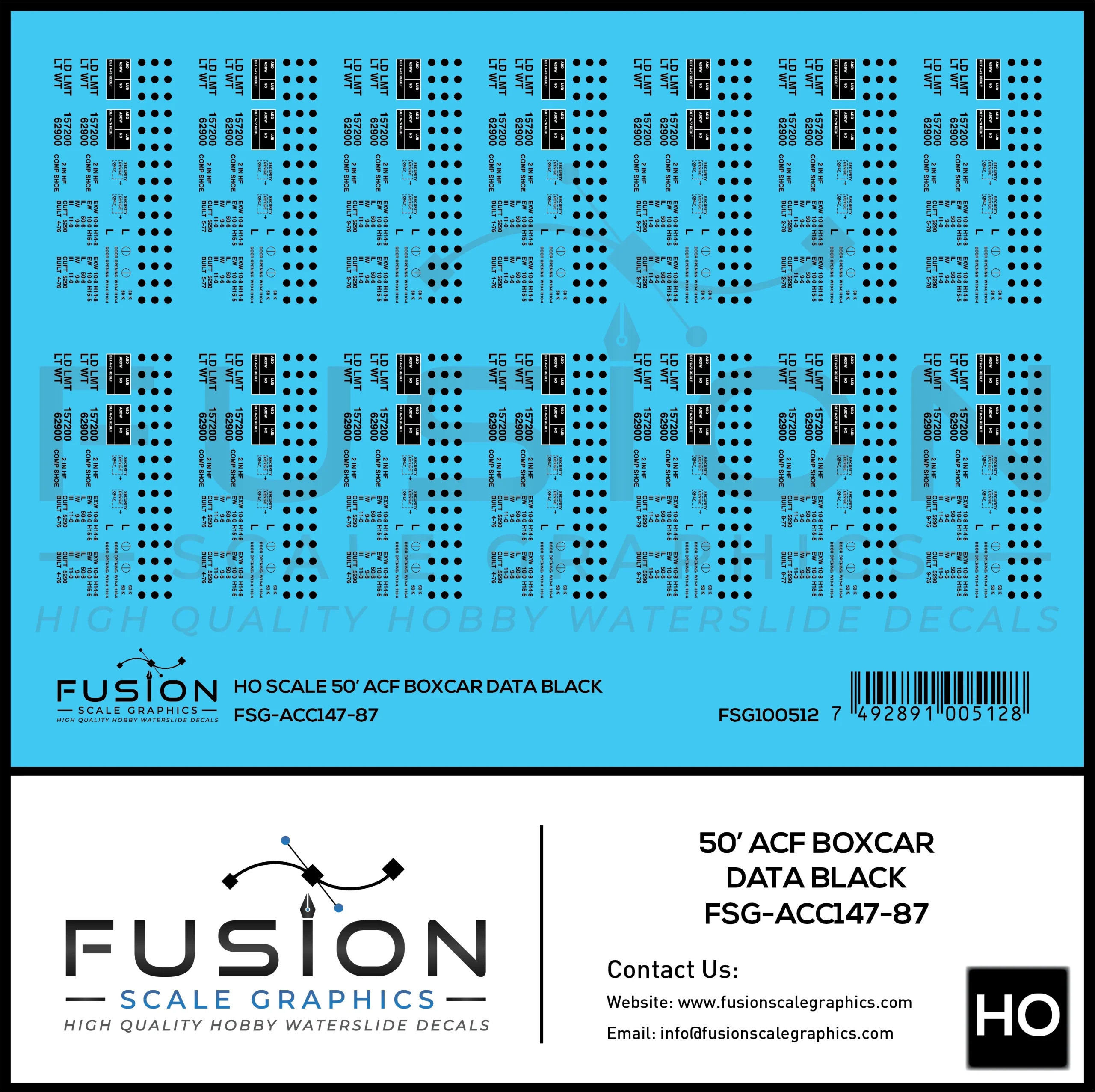 HO Scale 50' ACF Boxcar Data Sheet Black Decal Set - Fusion Scale Graphics