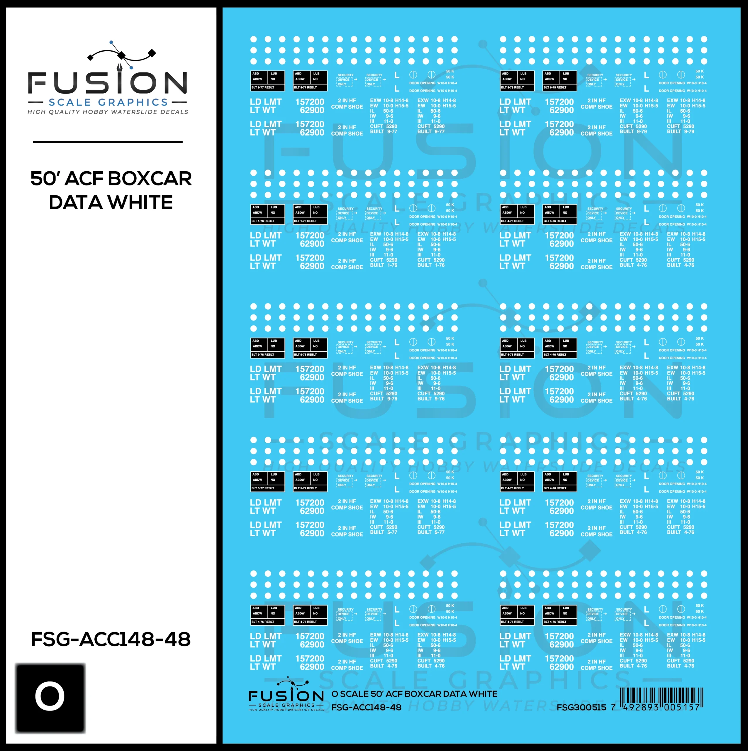 O Scale 50' ACF Boxcar Data Sheet White Decal Set - Fusion Scale Graphics