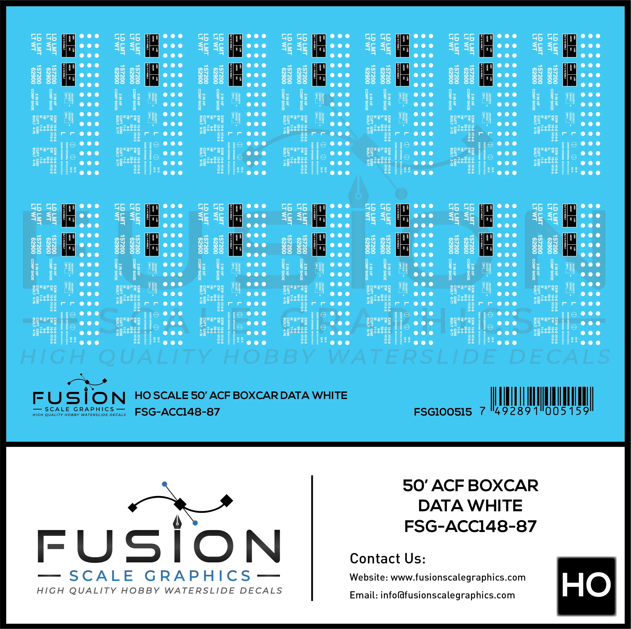 HO Scale 50' ACF Boxcar Data Sheet White Decal Set - Fusion Scale Graphics