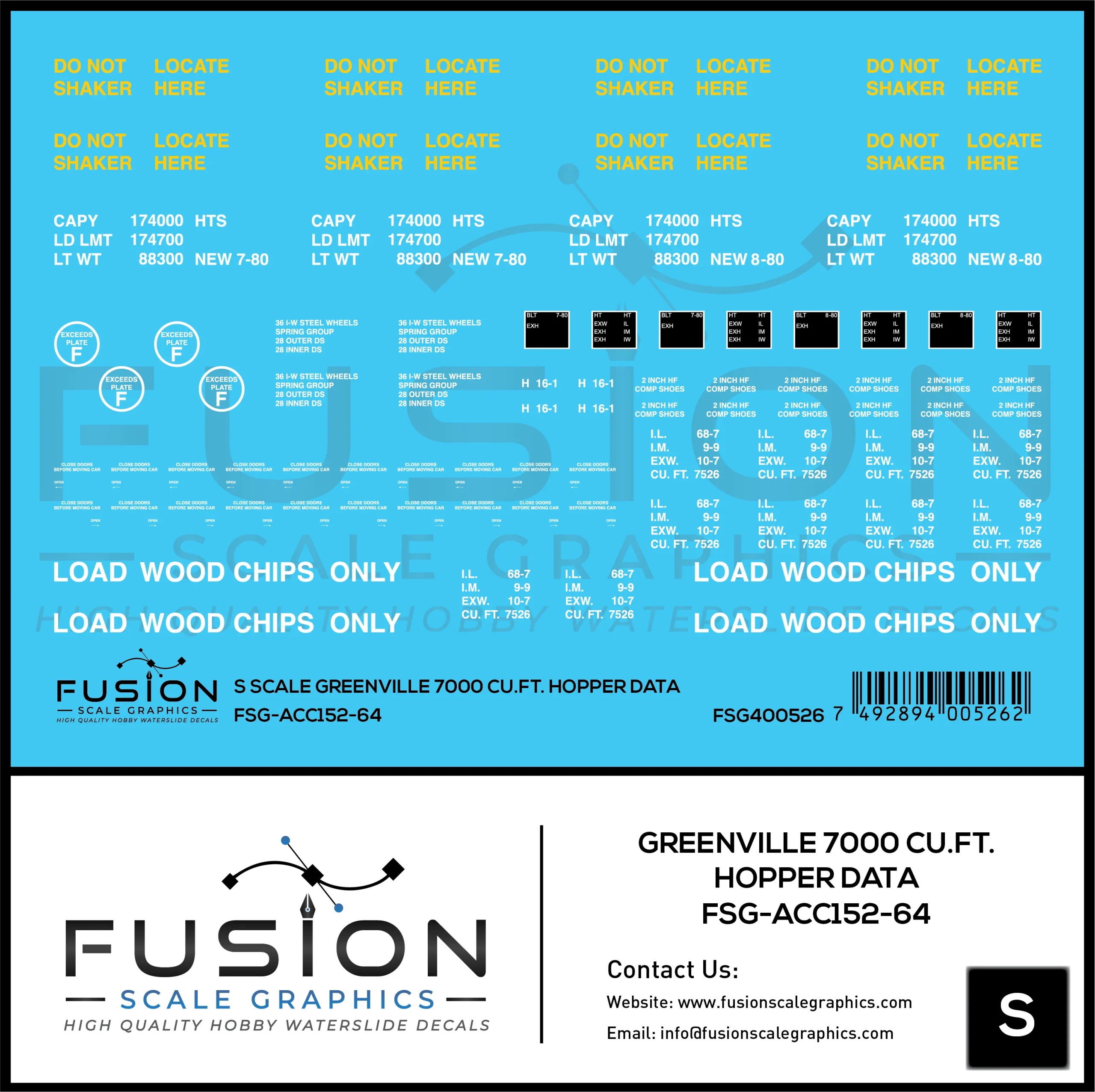 S Scale Greenville 7000 Cu. Ft. Woodchip Hopper Data Decal Set - Fusion Scale Graphics