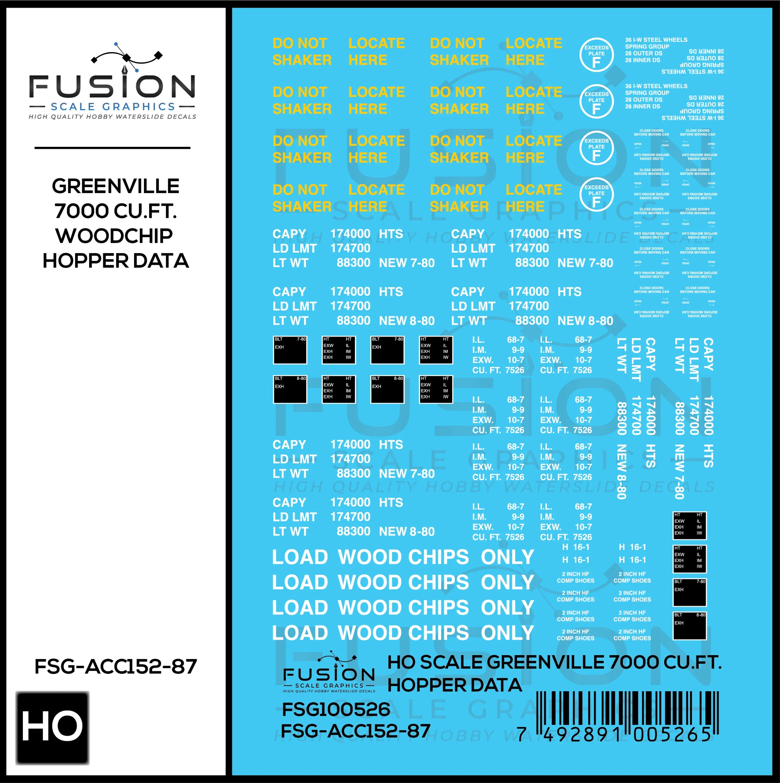 HO Scale Greenville 7000 Cu. Ft. Woodchip Hopper Data Decal Set - Fusion Scale Graphics