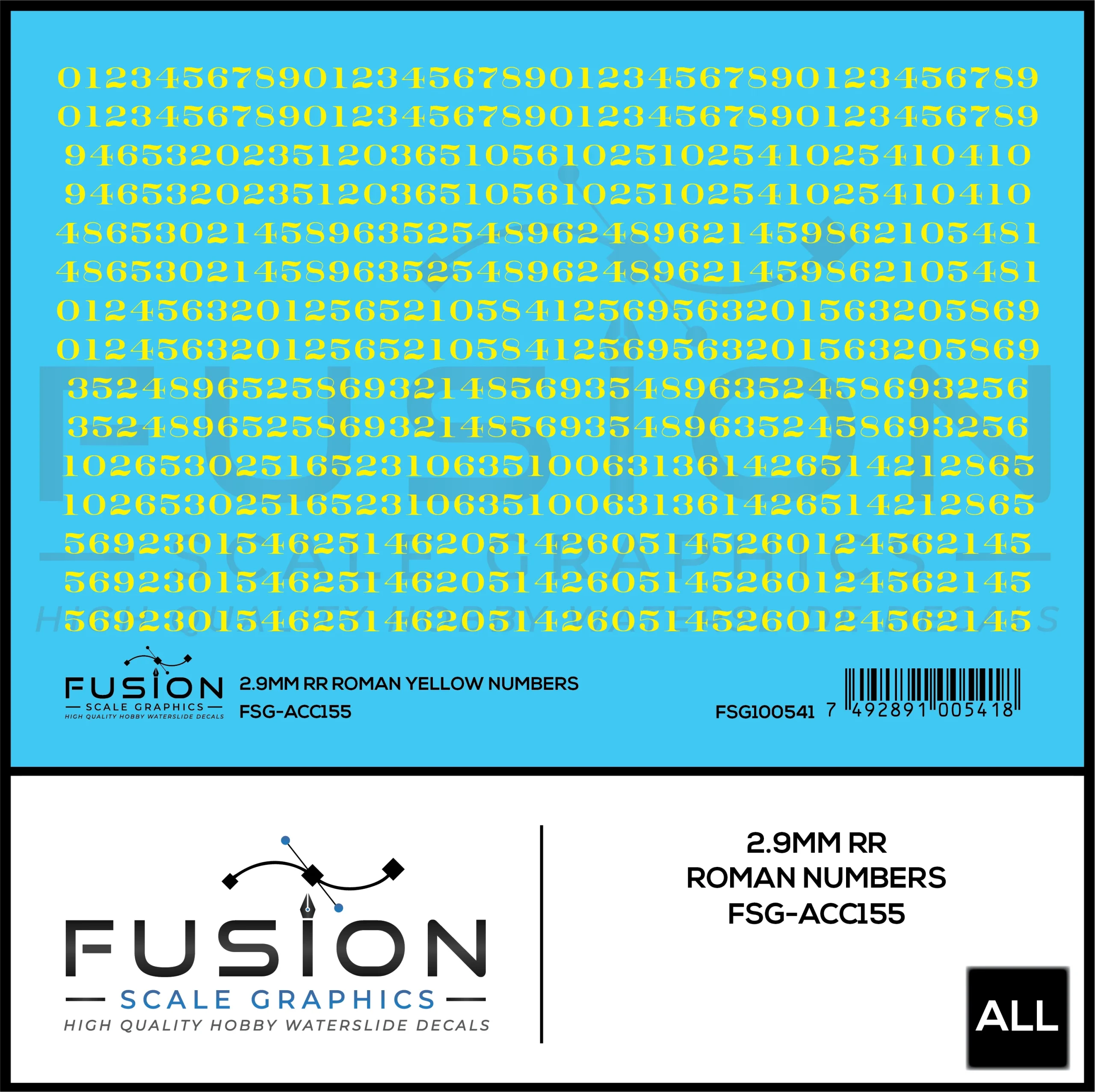 2.9mm Railroad Roman Yellow Numbers Decal Set - Fusion Scale Graphics