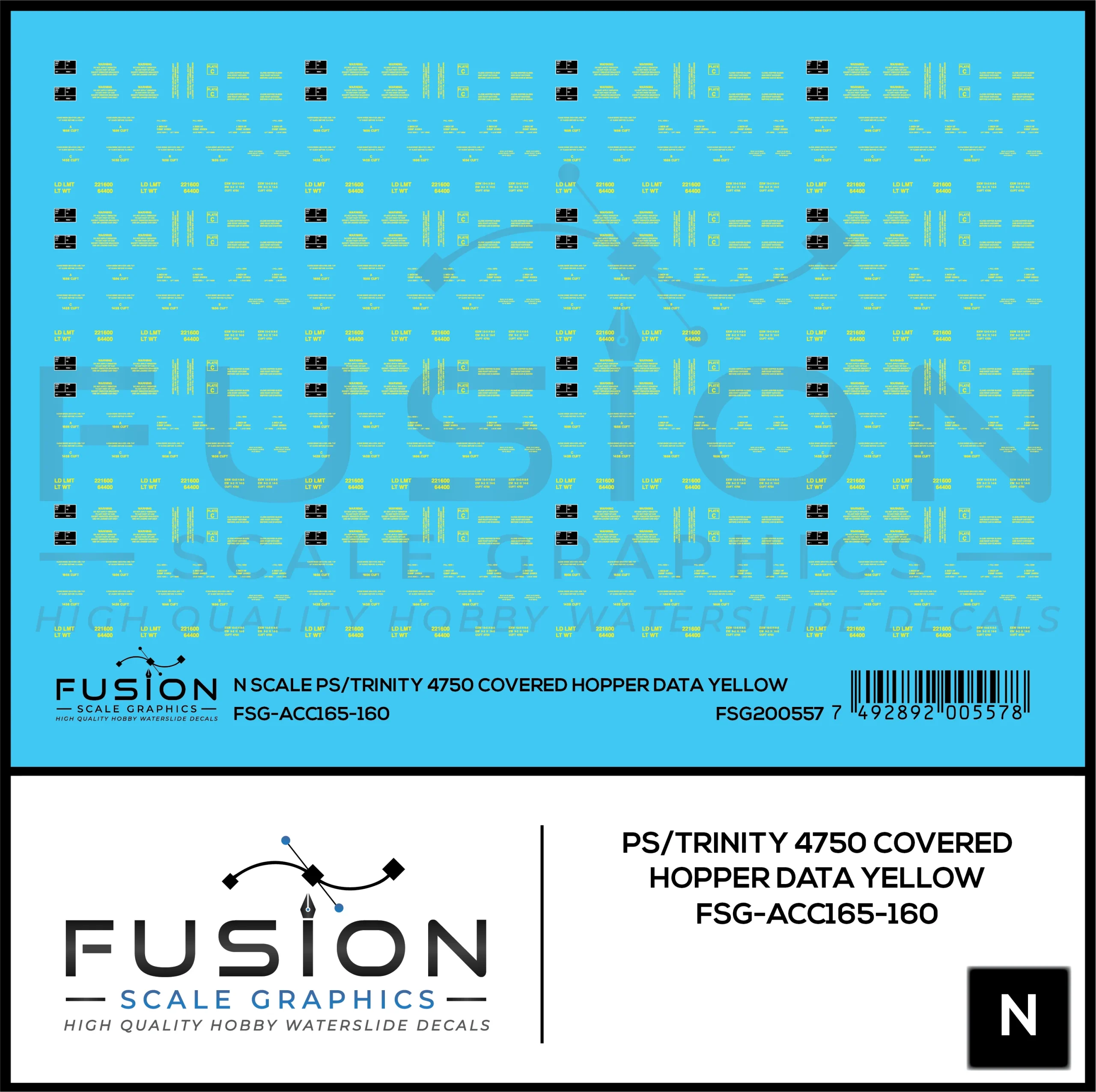 N Scale PS/Trinity 4750 Yellow Covered Hopper Data Decal Set - Fusion Scale Graphics