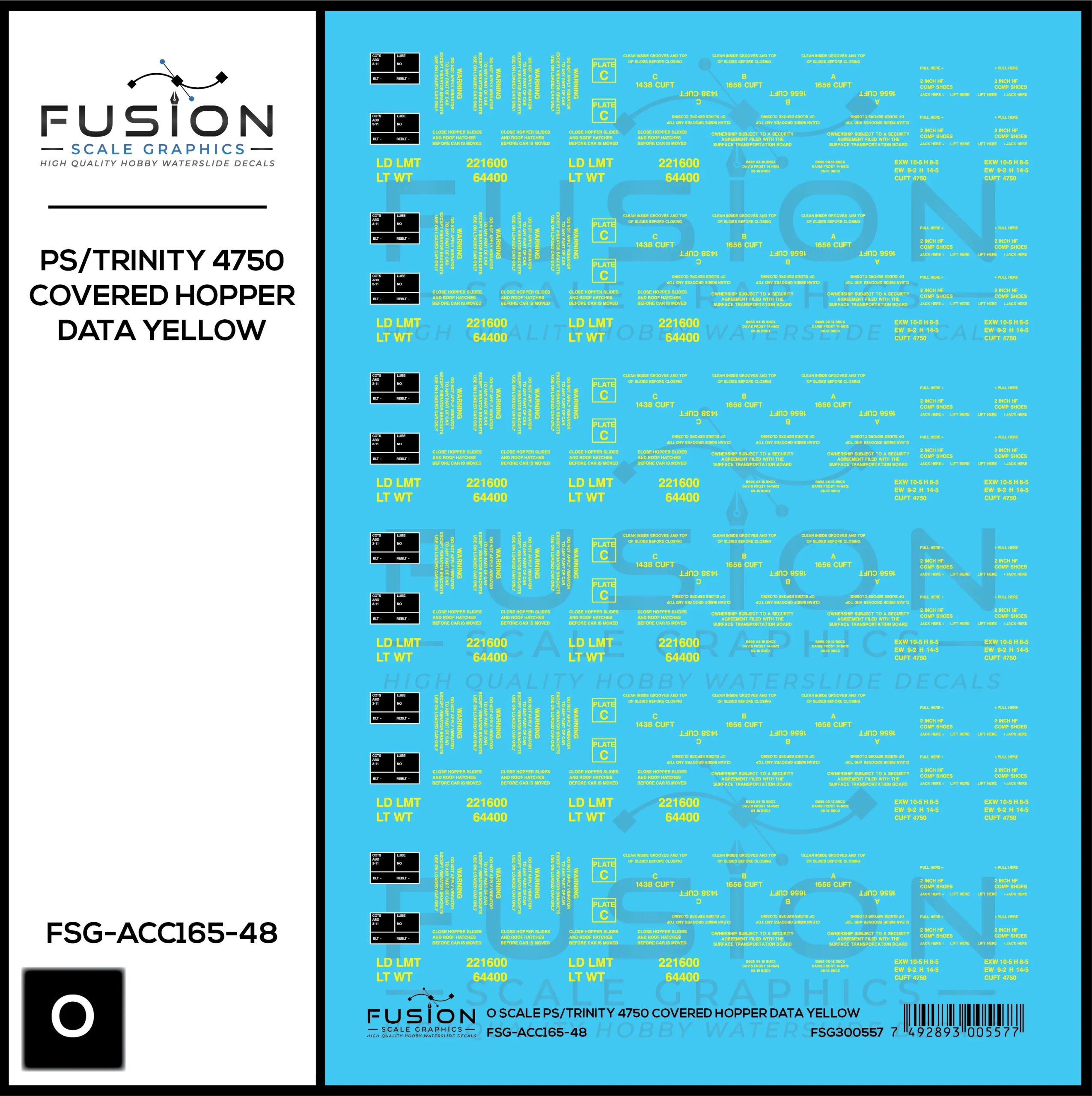O Scale PS/Trinity 4750 Yellow Covered Hopper Data Decal Set - Fusion Scale Graphics