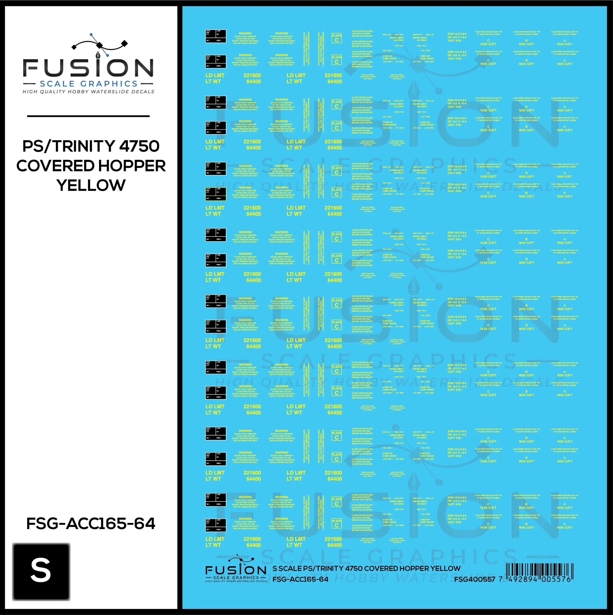 S Scale PS/Trinity 4750 Yellow Covered Hopper Data Decal Set - Fusion Scale Graphics