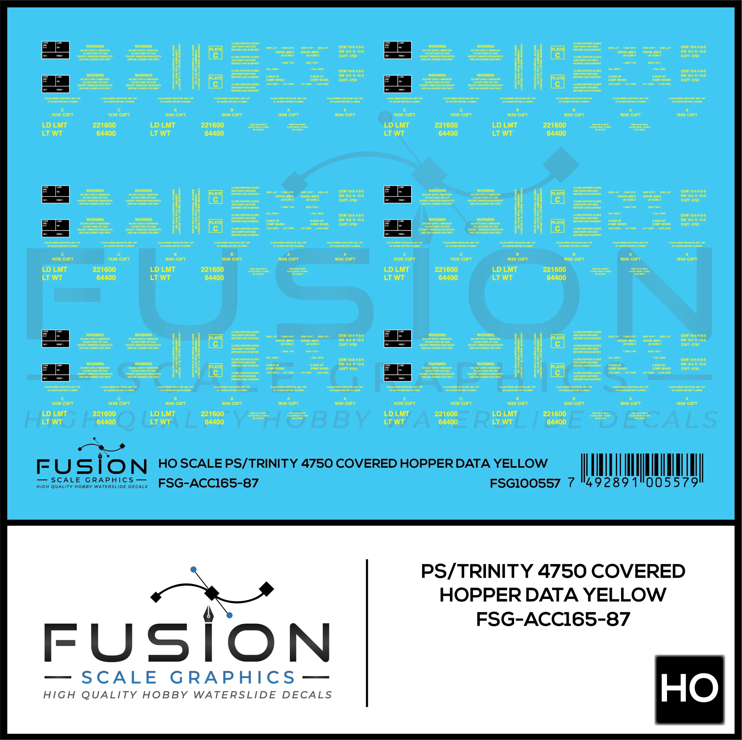 HO Scale PS/Trinity 4750 Yellow Covered Hopper Data Decal Set - Fusion Scale Graphics