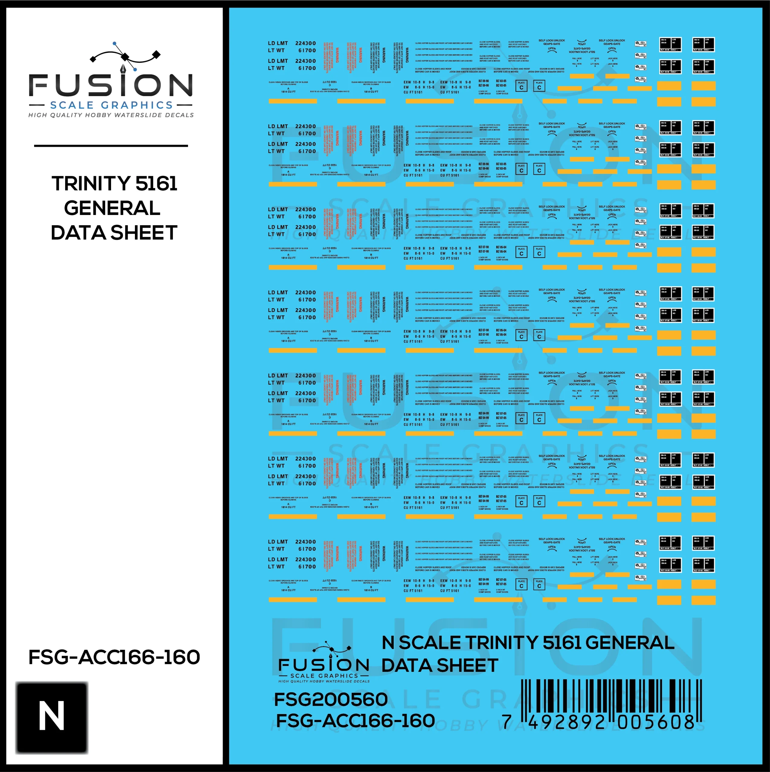 N Scale Trinity 5161 Cu. Ft. Covered Hopper General Data Decal Set - Fusion Scale Graphics