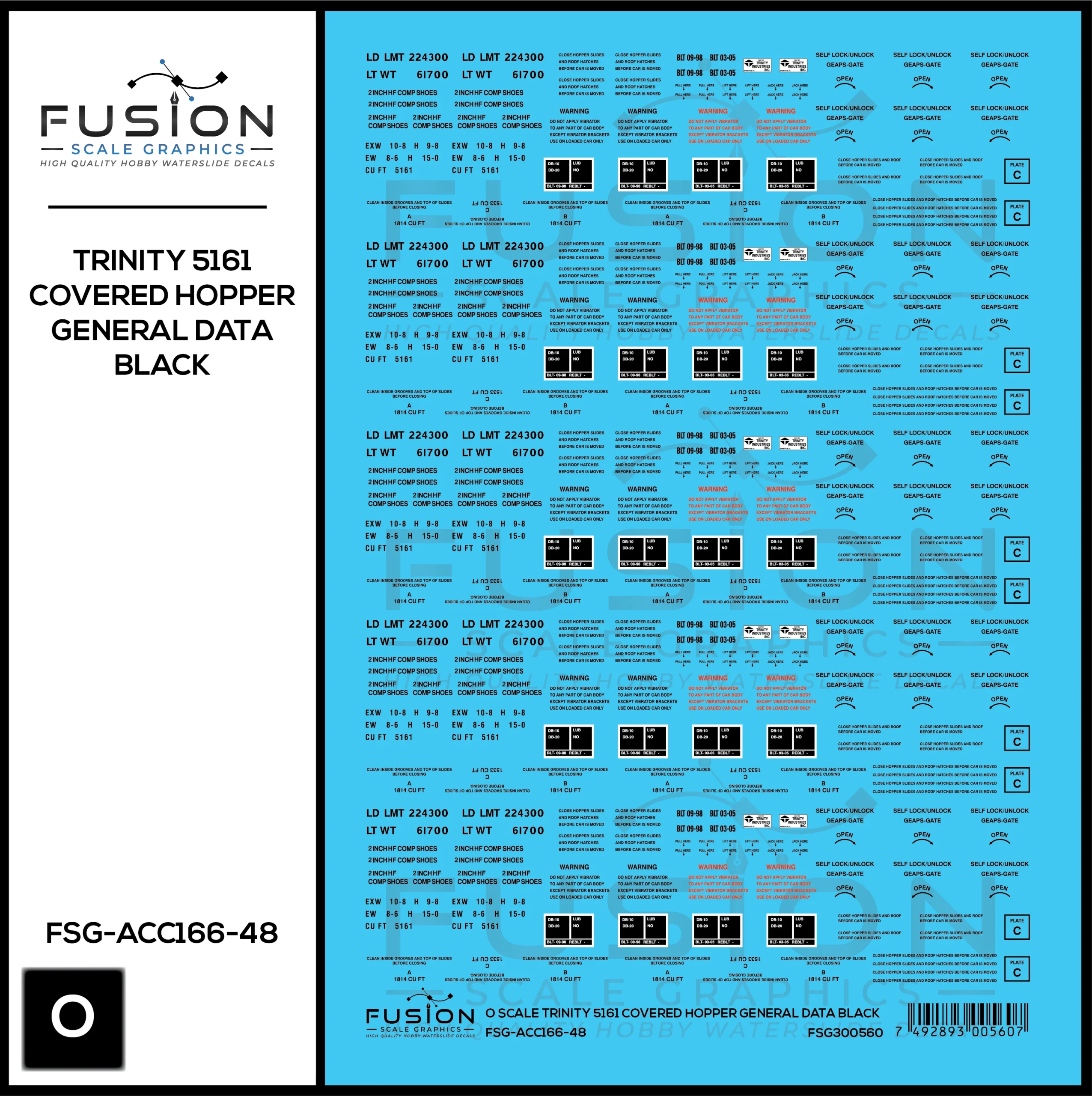 O Scale Trinity 5161 CuFt. Covered Hopper General Data Black Decal Set - Fusion Scale Graphics