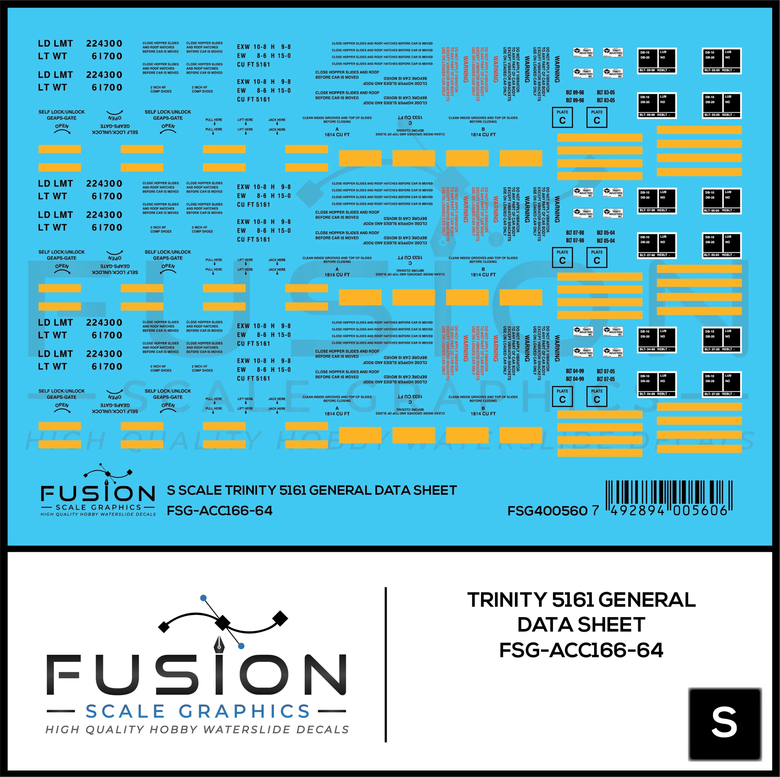 S Scale Trinity 5161 Cu. Ft. Covered Hopper General Data Decal Set - Fusion Scale Graphics