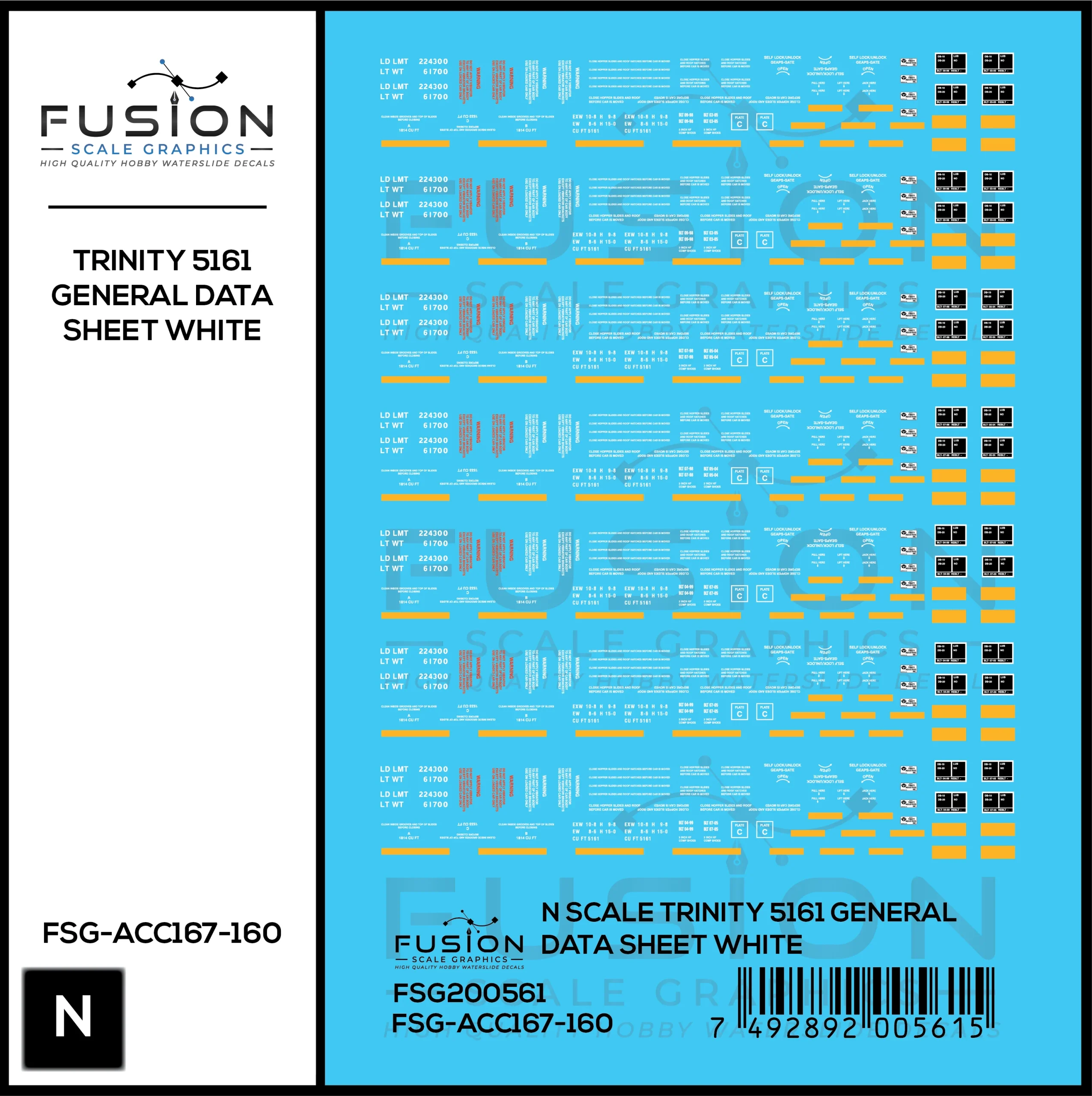 N Scale Trinity 5161 Cu. Ft. Covered Hopper White General Data Decal Set - Fusion Scale Graphics