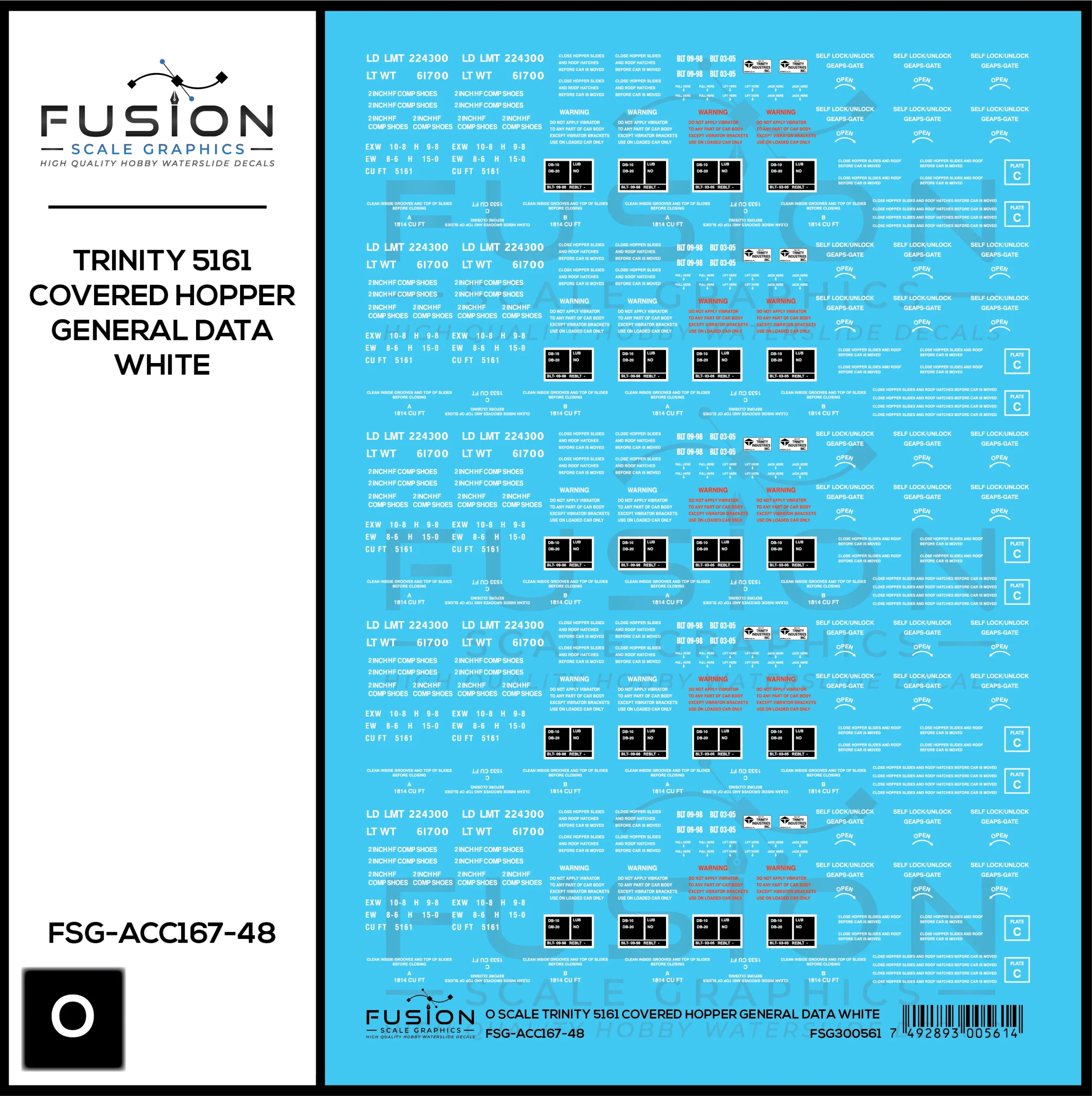 O Scale Trinity 5161 CuFt. Covered Hopper General Data White Decal Set - Fusion Scale Graphics