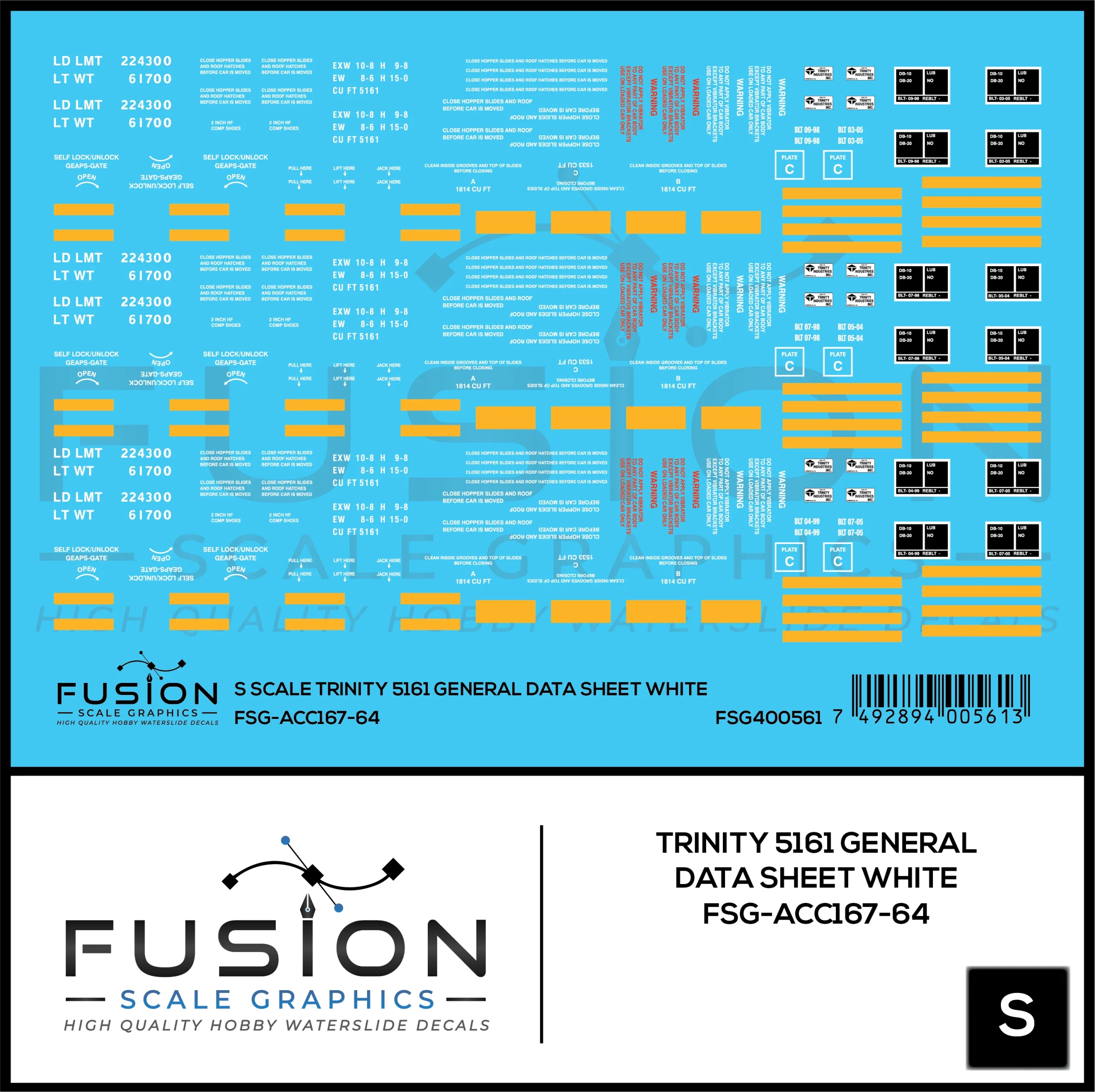 S Scale Trinity 5161 Cu. Ft. Covered Hopper White General Data Decal Set - Fusion Scale Graphics
