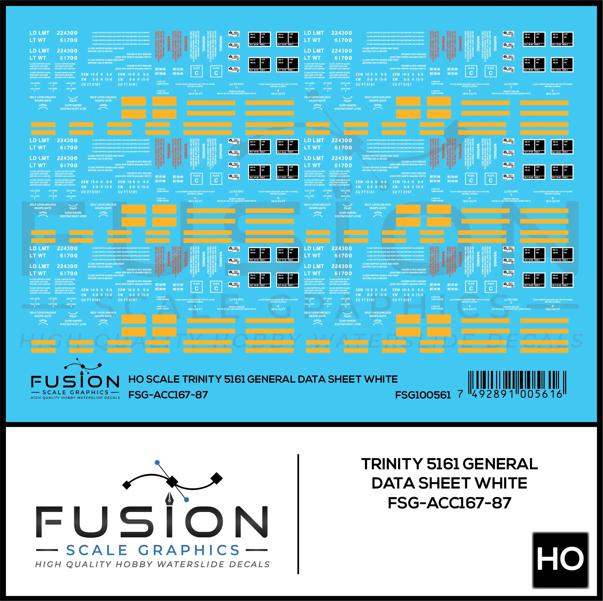 HO Scale Trinity 5161 Cu. Ft. Covered Hopper White General Data Decal Set - Fusion Scale Graphics