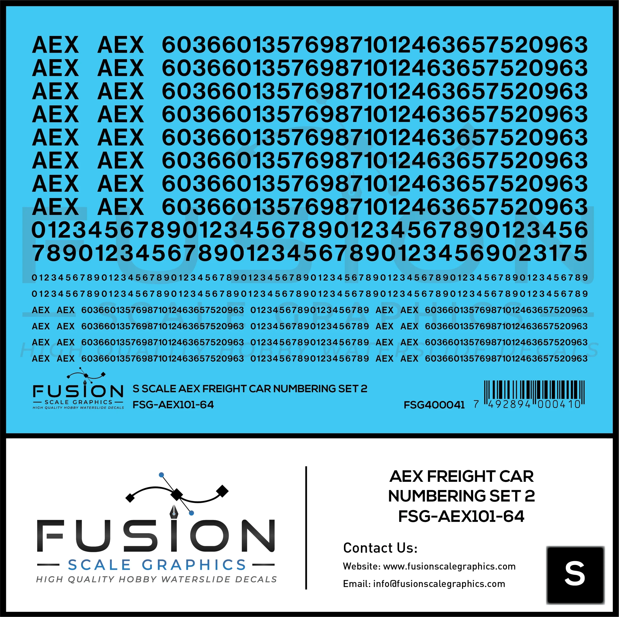 S Scale AEX Freight Car Numbering Set 2 Decal Set - Fusion Scale Graphics