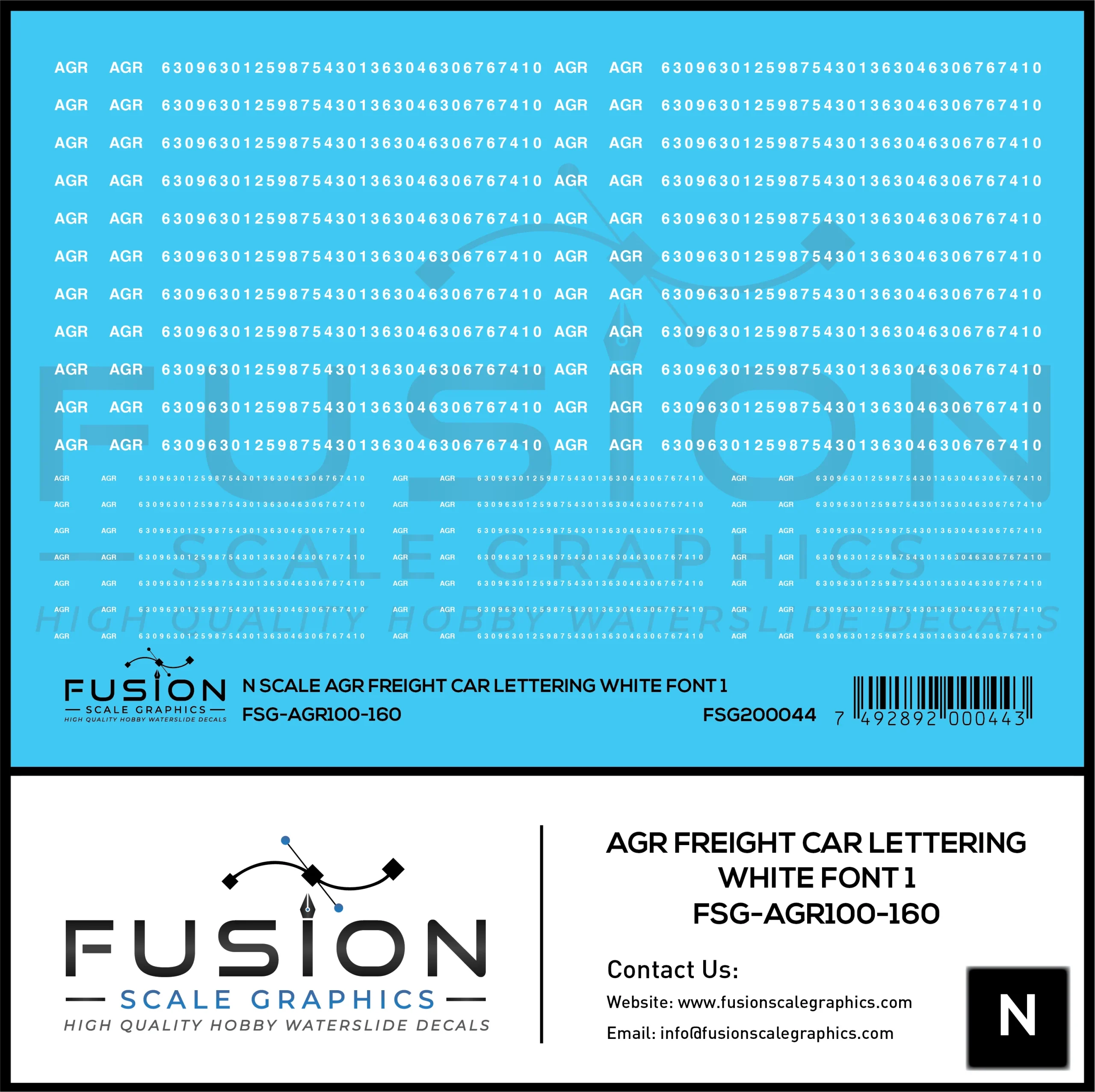 N Scale AGR Freight Car Lettering White Font 1 Decal Set - Fusion Scale Graphics