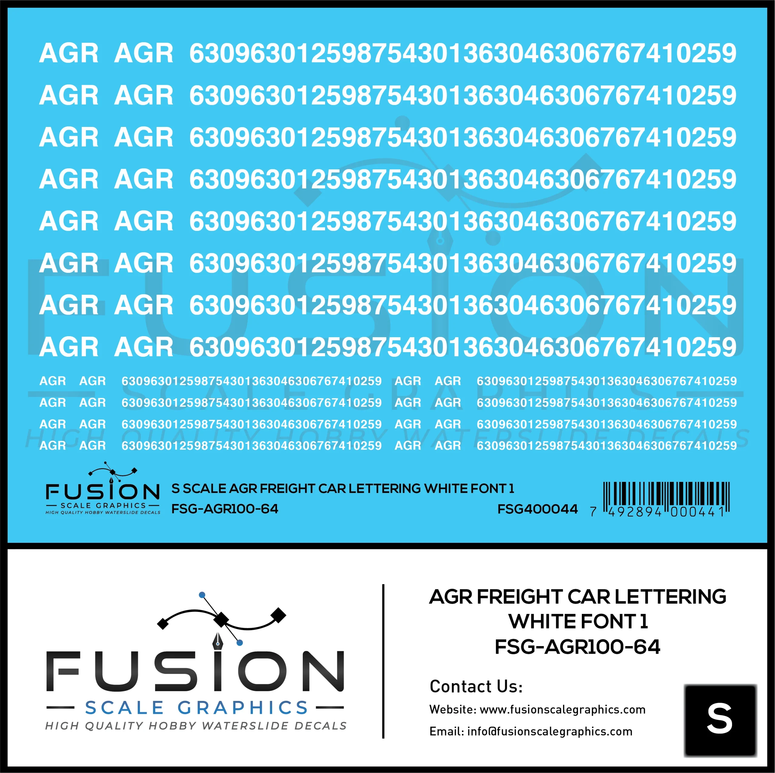 S Scale AGR Freight Car Lettering White Font 1 Decal Set - Fusion Scale Graphics