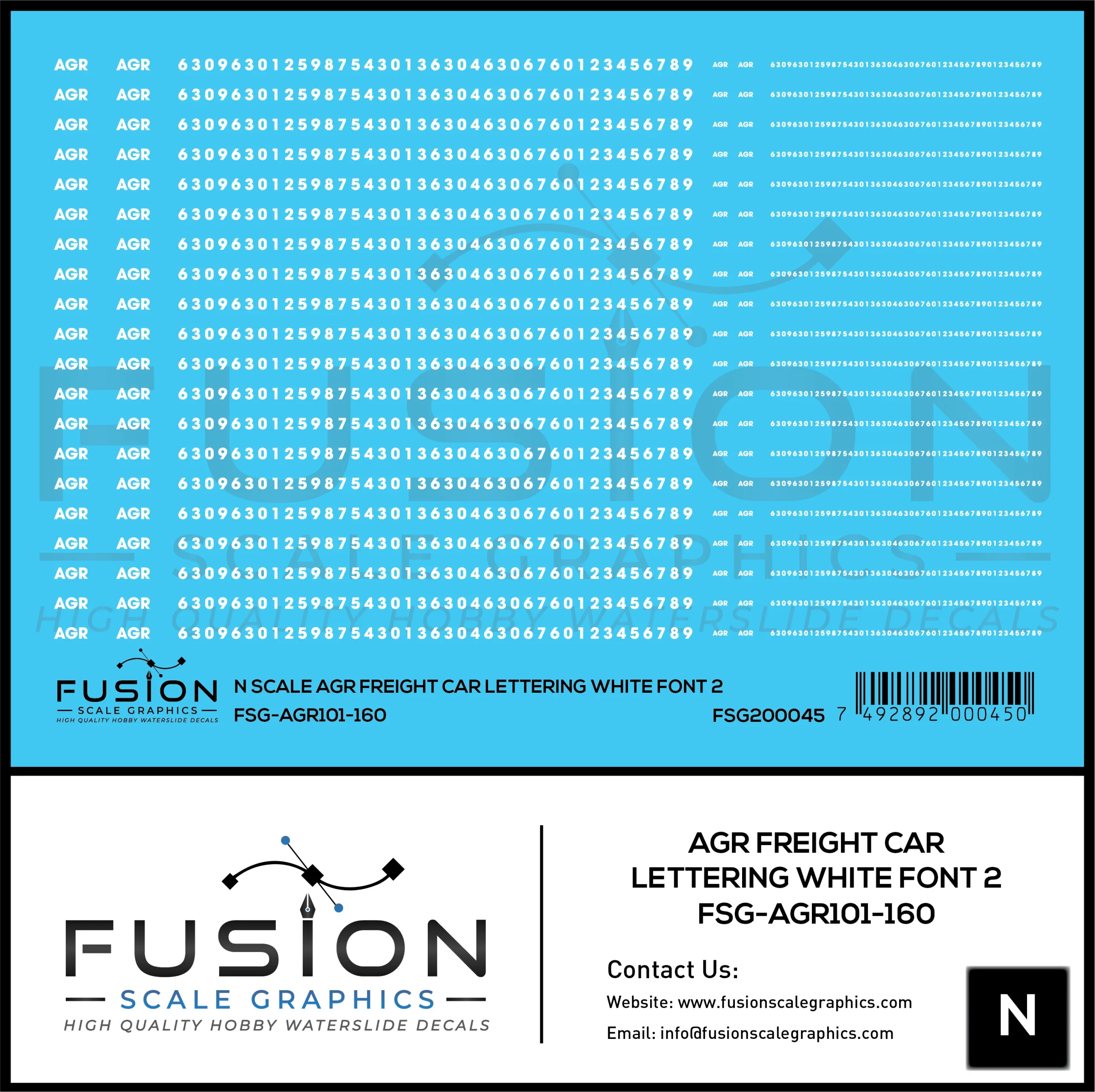 N Scale AGR Freight Car Lettering White Font 2 Decal Set - Fusion Scale Graphics