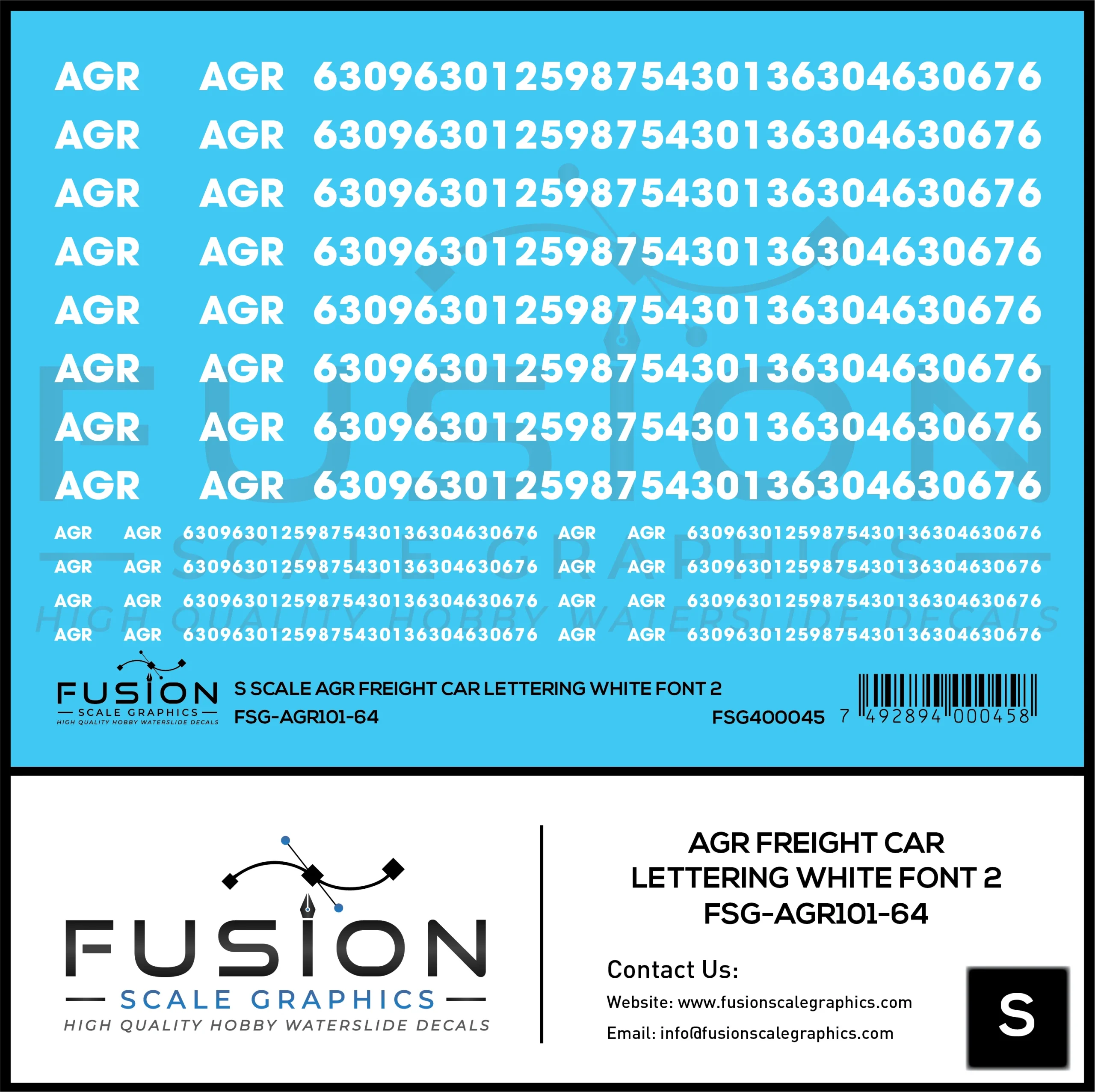 S Scale AGR Freight Car Lettering White Font 2 Decal Set - Fusion Scale Graphics