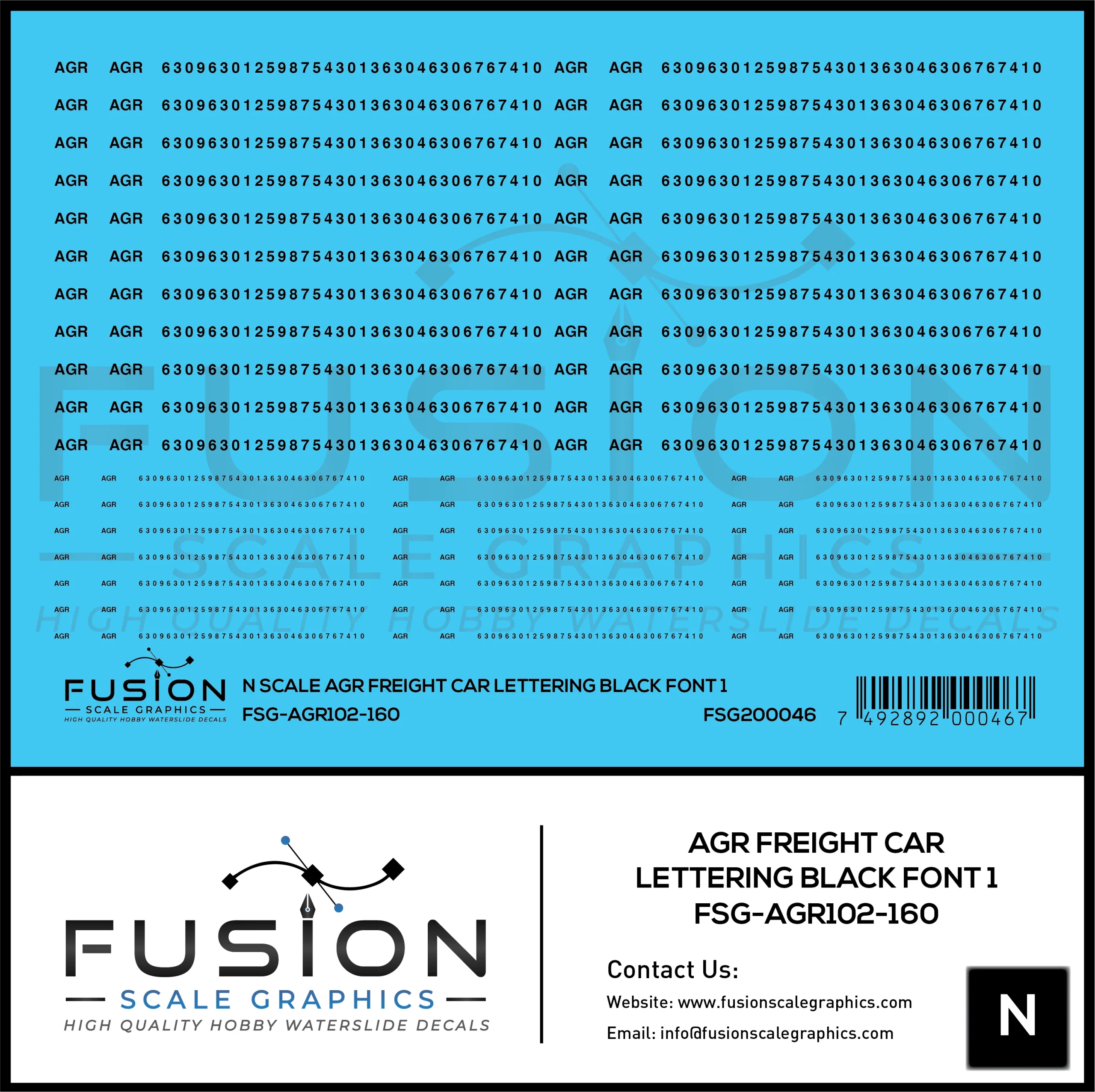 N Scale AGR Freight Car Lettering Black Font 1 Decal Set - Fusion Scale Graphics